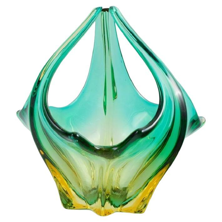Murano Bowl in Mouth-Blown Art Glass, Green and Yellow Shades, 1960s For Sale