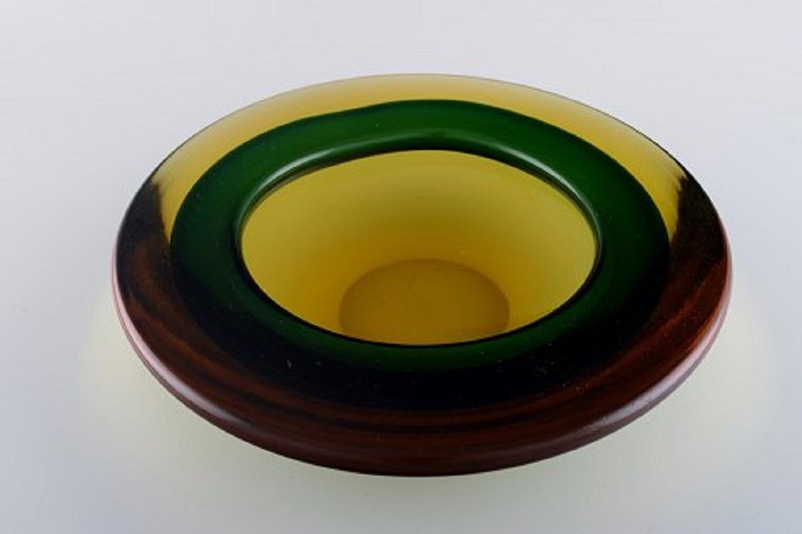 Italian Murano Bowl in Mouth-Blown Art Glass in Amber and Green-Yellow Shades, 1960s For Sale