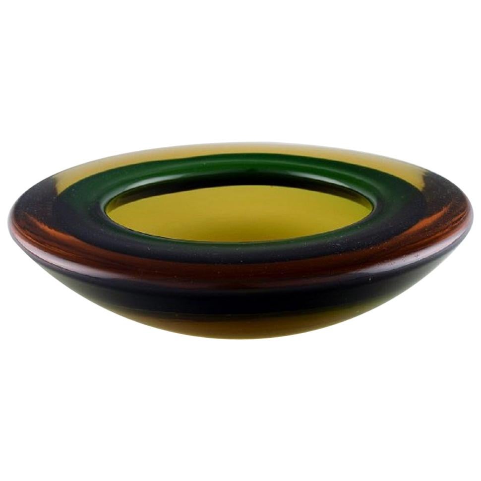 Murano Bowl in Mouth-Blown Art Glass in Amber and Green-Yellow Shades, 1960s For Sale