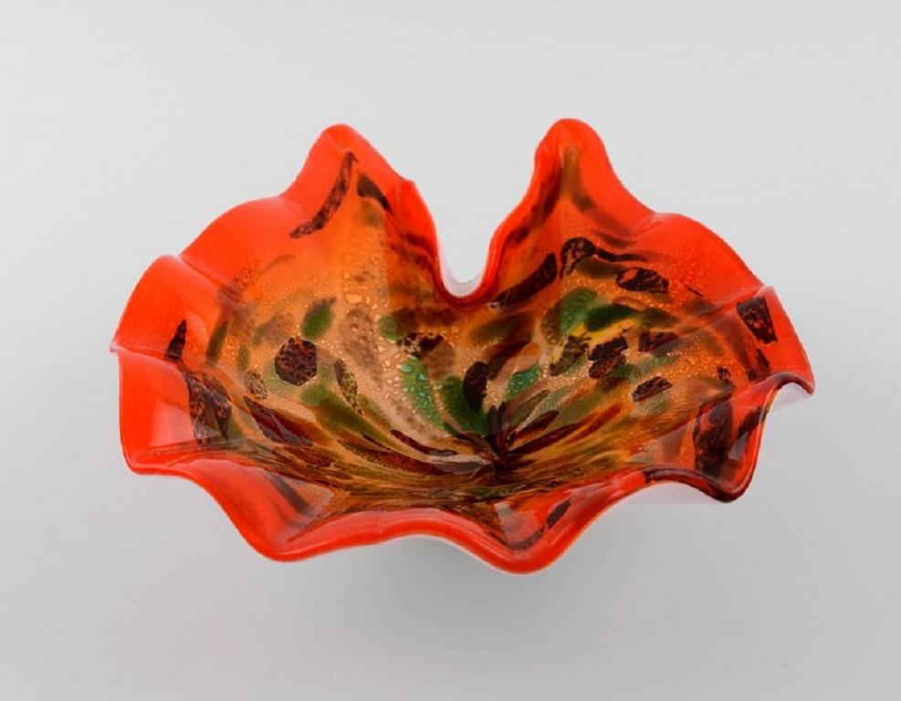 Italian Murano Bowl in Polychrome Mouth Blown Art Glass, Orange Background For Sale