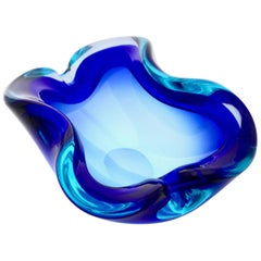 Vintage Murano Bowl with Curved Biomorphic Blue Crystal