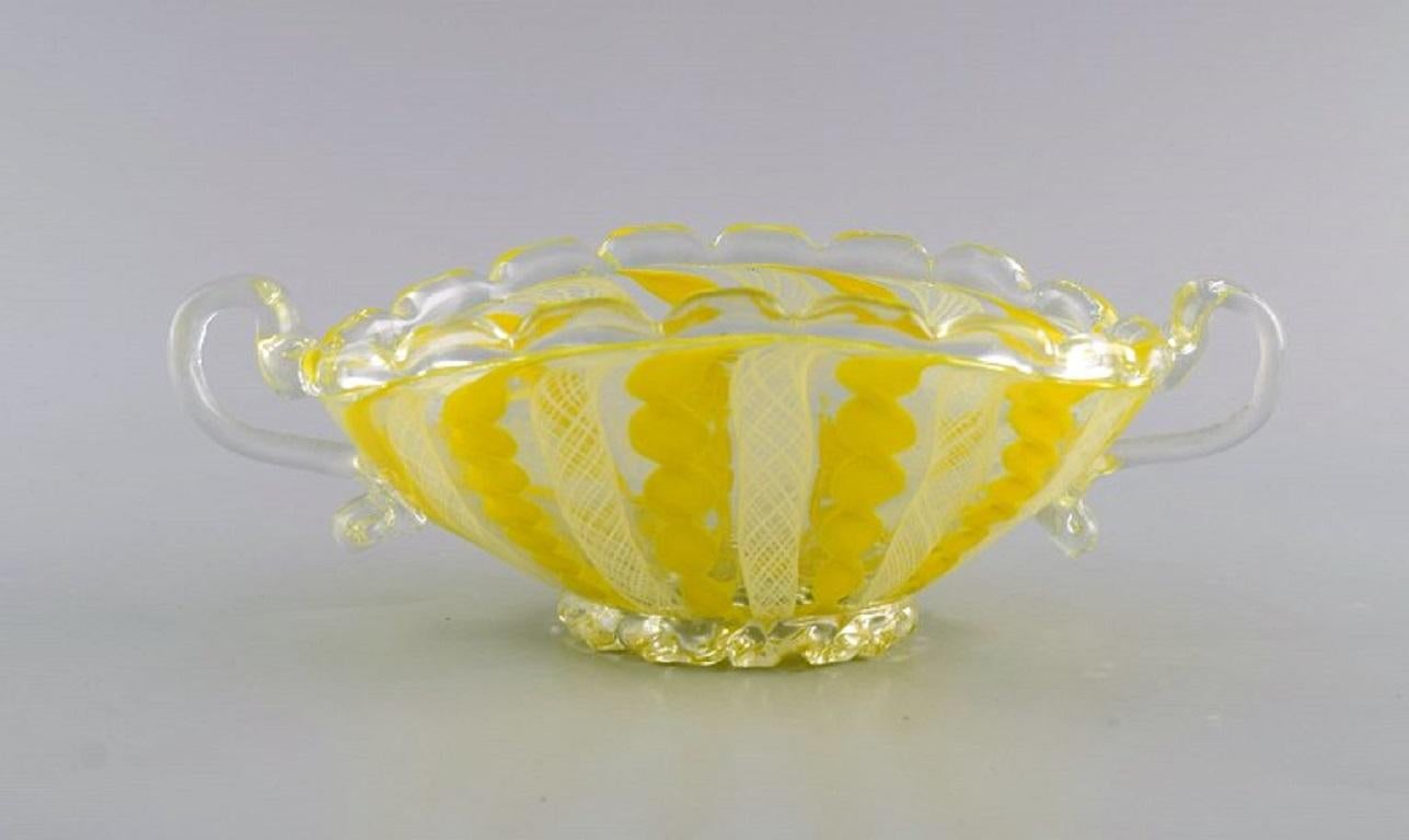 Italian Murano Bowl with Handles in Mouth-Blown Art Glass, 1960s For Sale