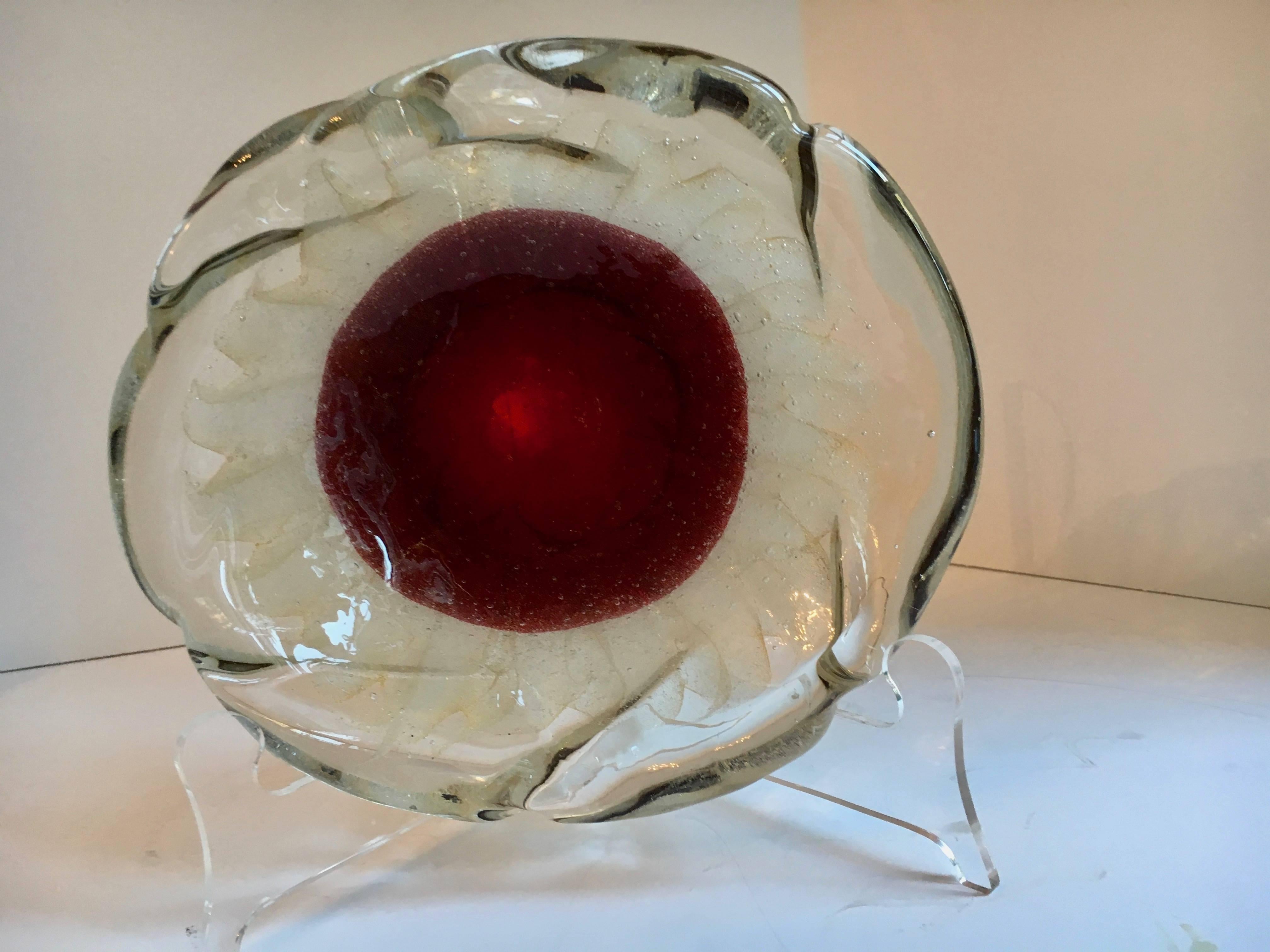 Mid-Century Modern Murano Bowl with Red and Gold Accents For Sale