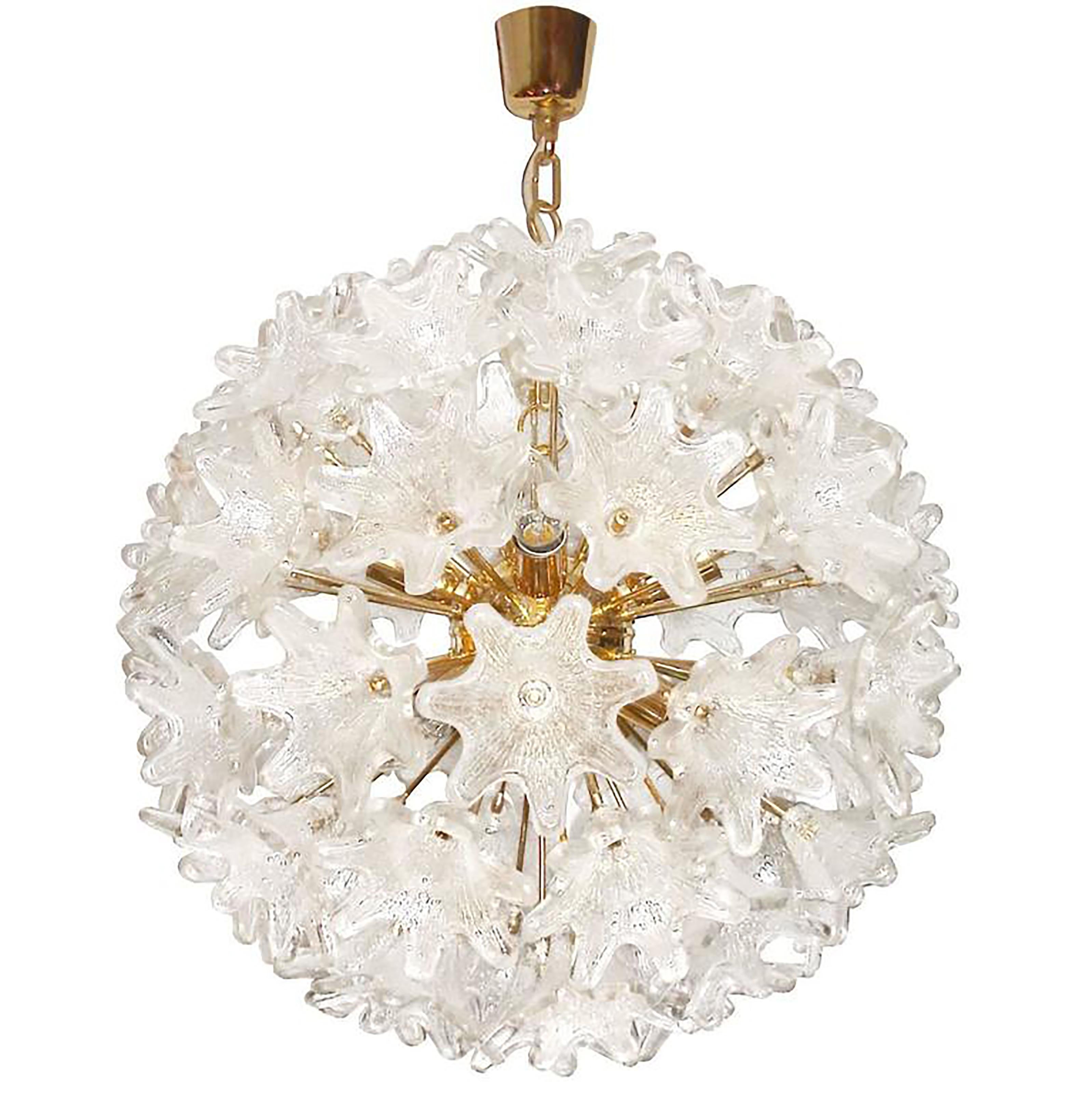 A Murano brass and glass flower chandelier with brass frame and hardware.

Italian, Circa 1960's