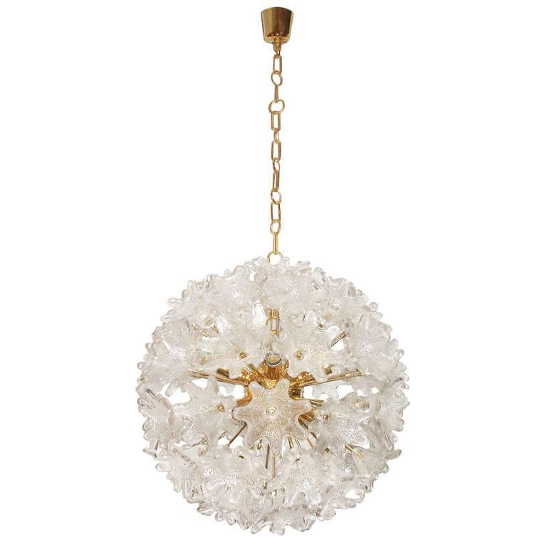 Murano Brass and Glass Flower Ball Chandelier In Excellent Condition For Sale In New York, NY