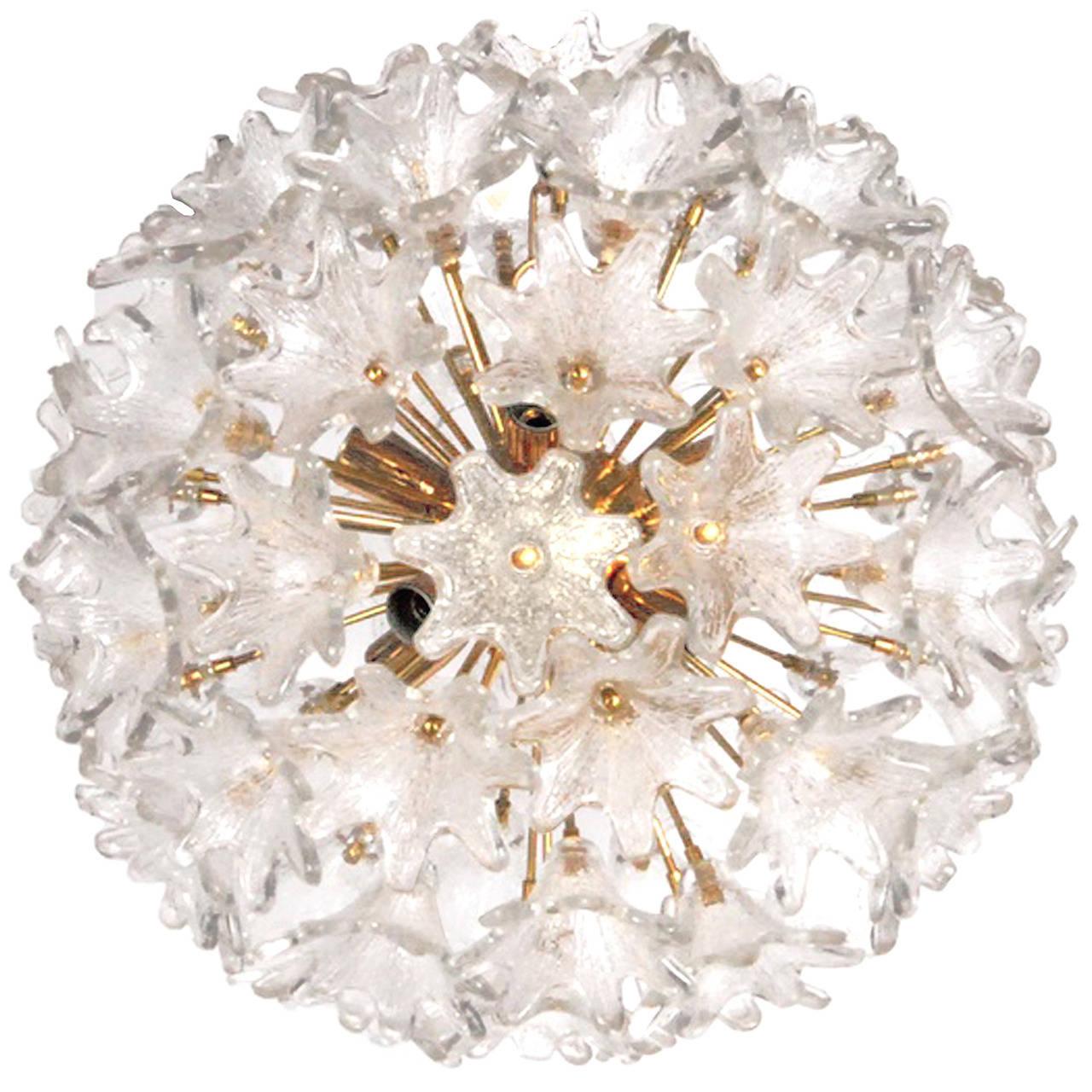 Murano Brass and Glass Flower Ball Chandelier In Excellent Condition For Sale In New York, NY
