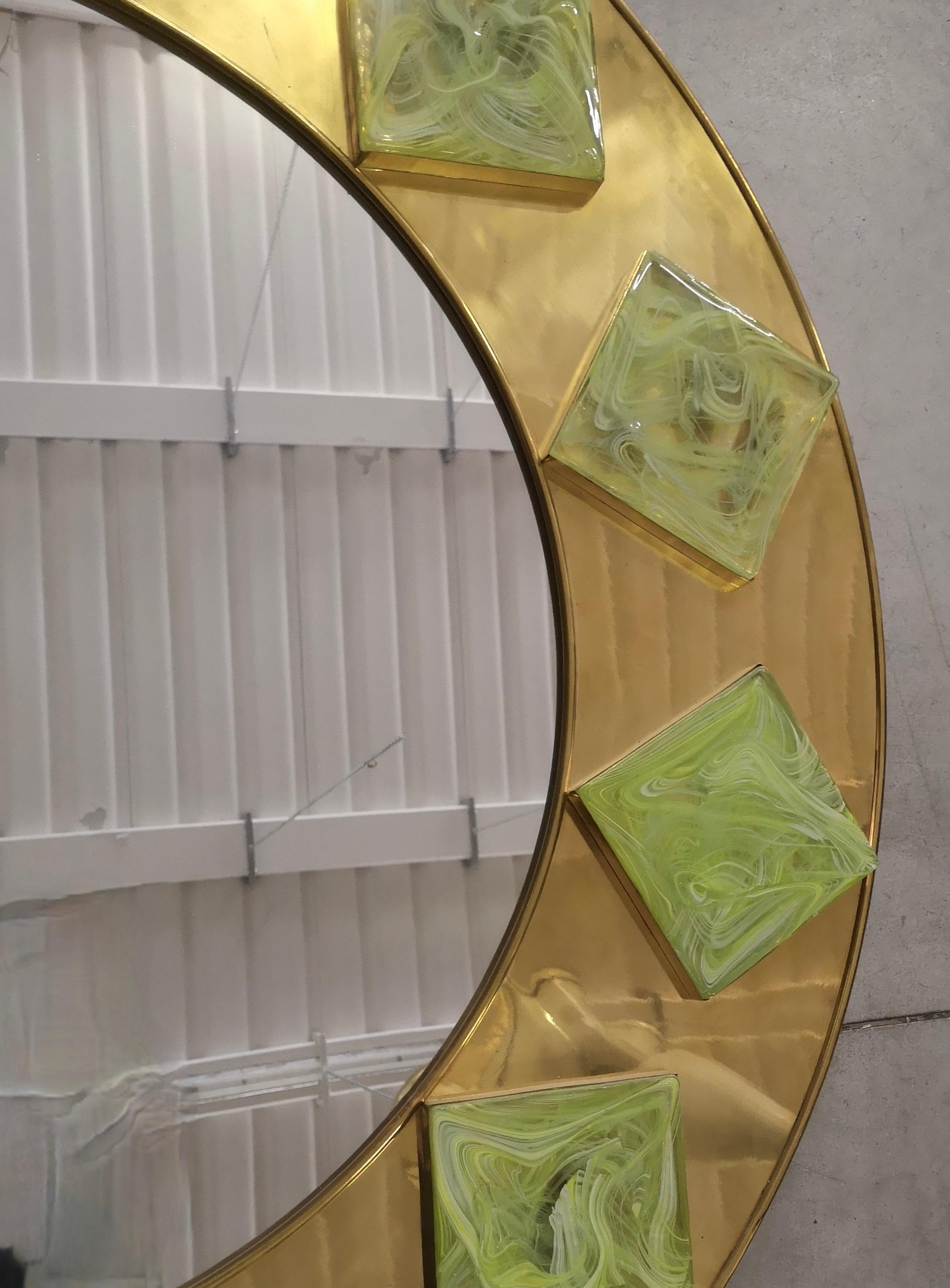 Mid-Century Modern Murano Brass and Green Art Glass Midcentury Wall Mirror, 2000 For Sale