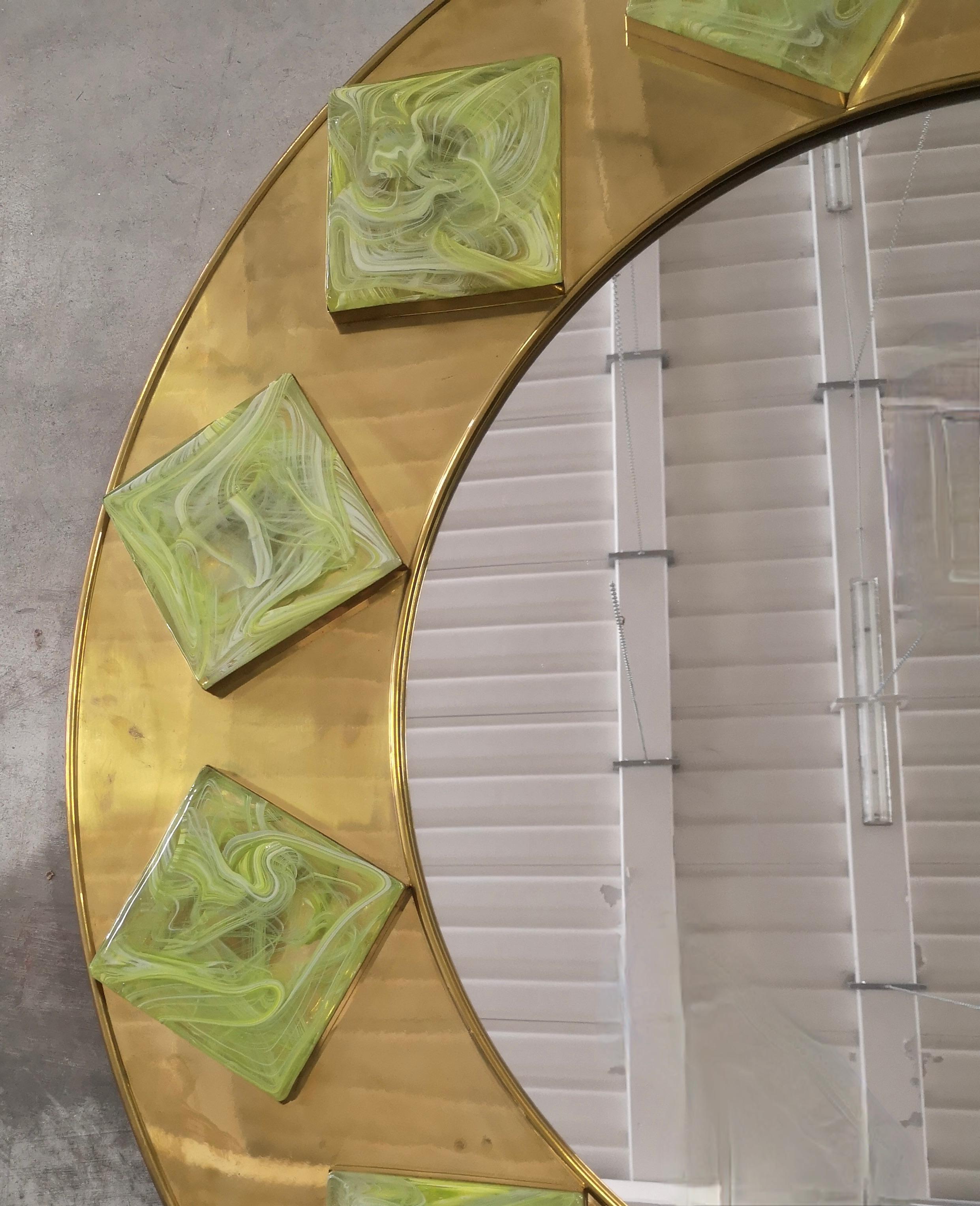 Italian Murano Brass and Green Art Glass Midcentury Wall Mirror, 2000 For Sale