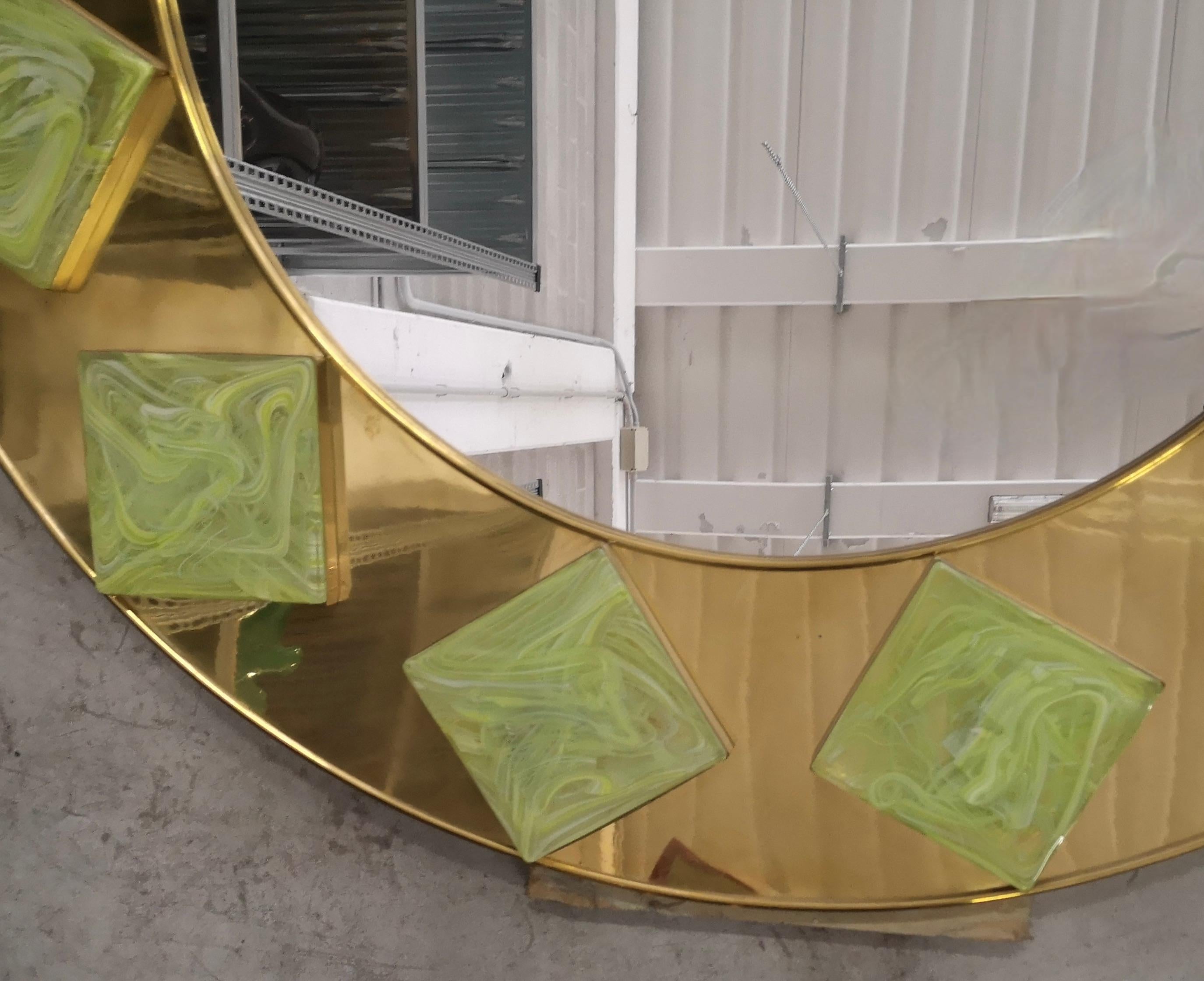 Murano Brass and Green Art Glass Midcentury Wall Mirror, 2000 For Sale 2