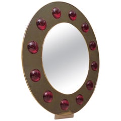 Murano Brass and Red Art Glass Midcentury Wall Mirror, 1980