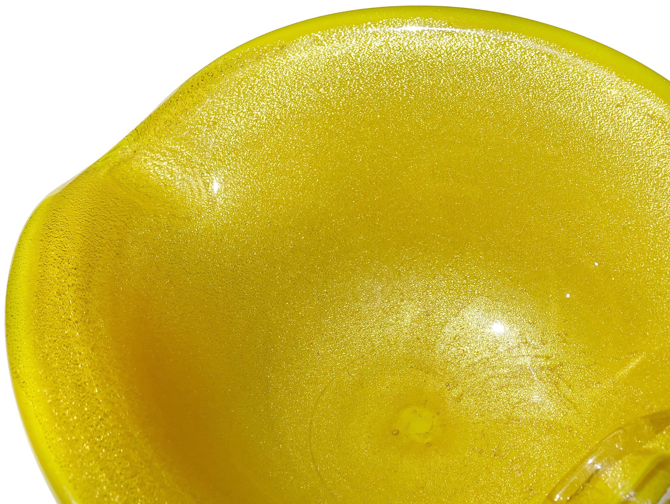 Mid-Century Modern Murano Bright Yellow Gold Flecks Vintage Italian Art Glass Heart Bowl Ashtray For Sale