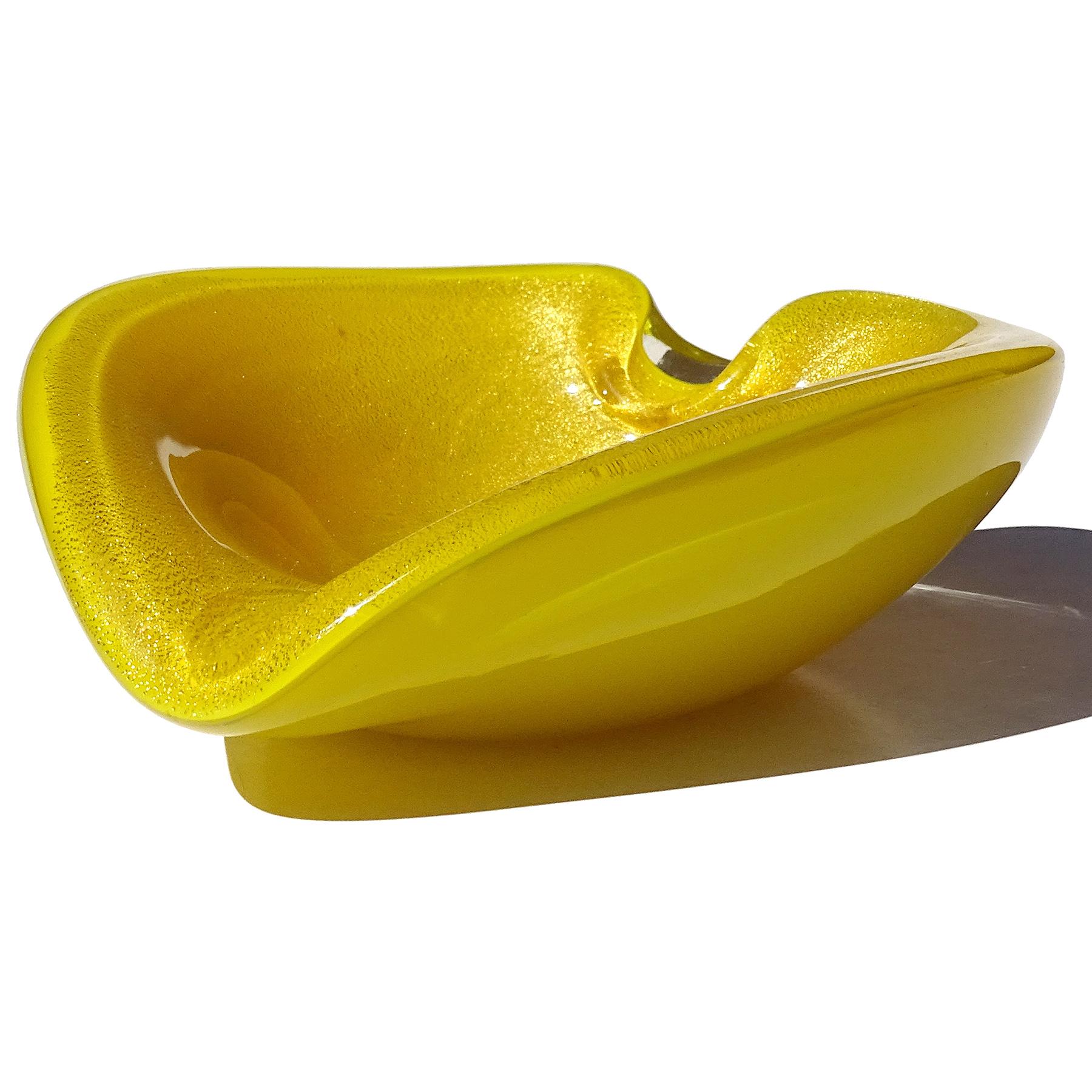 Hand-Crafted Murano Bright Yellow Gold Flecks Vintage Italian Art Glass Heart Bowl Ashtray For Sale