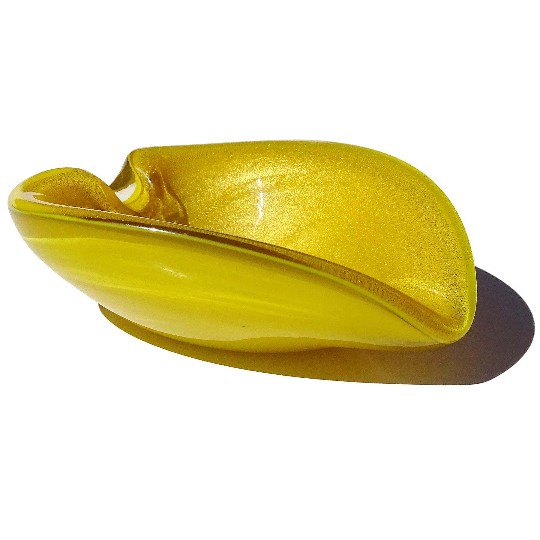 20th Century Murano Bright Yellow Gold Flecks Vintage Italian Art Glass Heart Bowl Ashtray For Sale