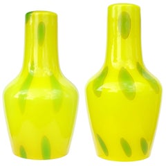 Murano Bright Yellow Green Vintage Italian Art Glass Hanging Pendant Lamp Set