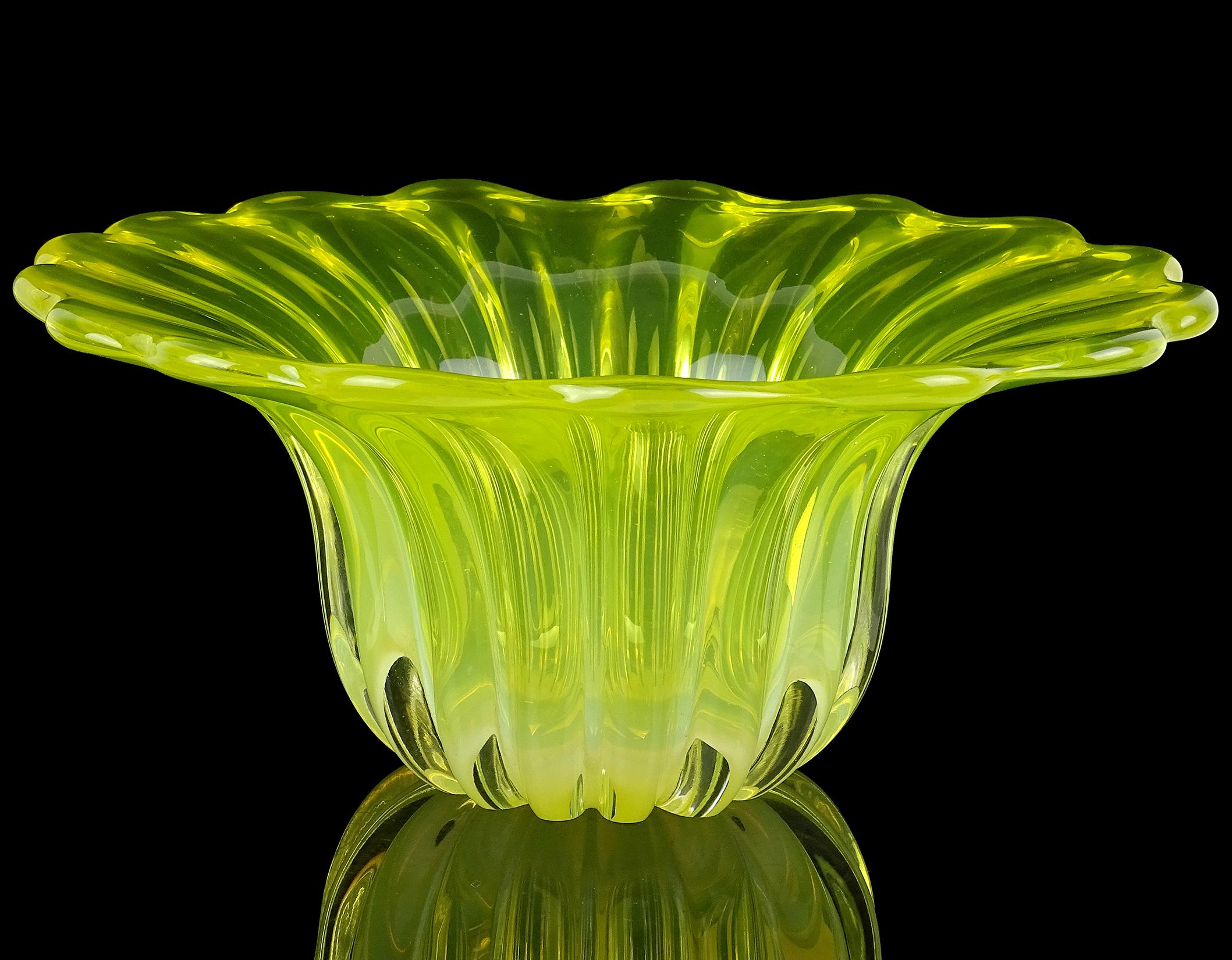 Hand-Crafted Murano Bright Yellow Opalescent Italian Art Glass Midcentury Center Bowl Vase