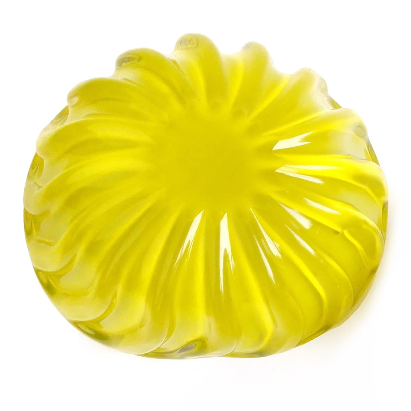 Mid-Century Modern Murano Bright Yellow over Black Italian Art Glass Decorative Ribbed Candy Bowl