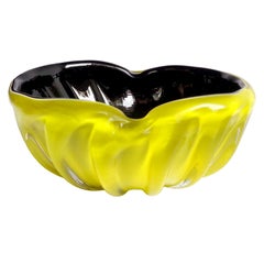 Murano Bright Yellow over Black Italian Art Glass Decorative Ribbed Candy Bowl
