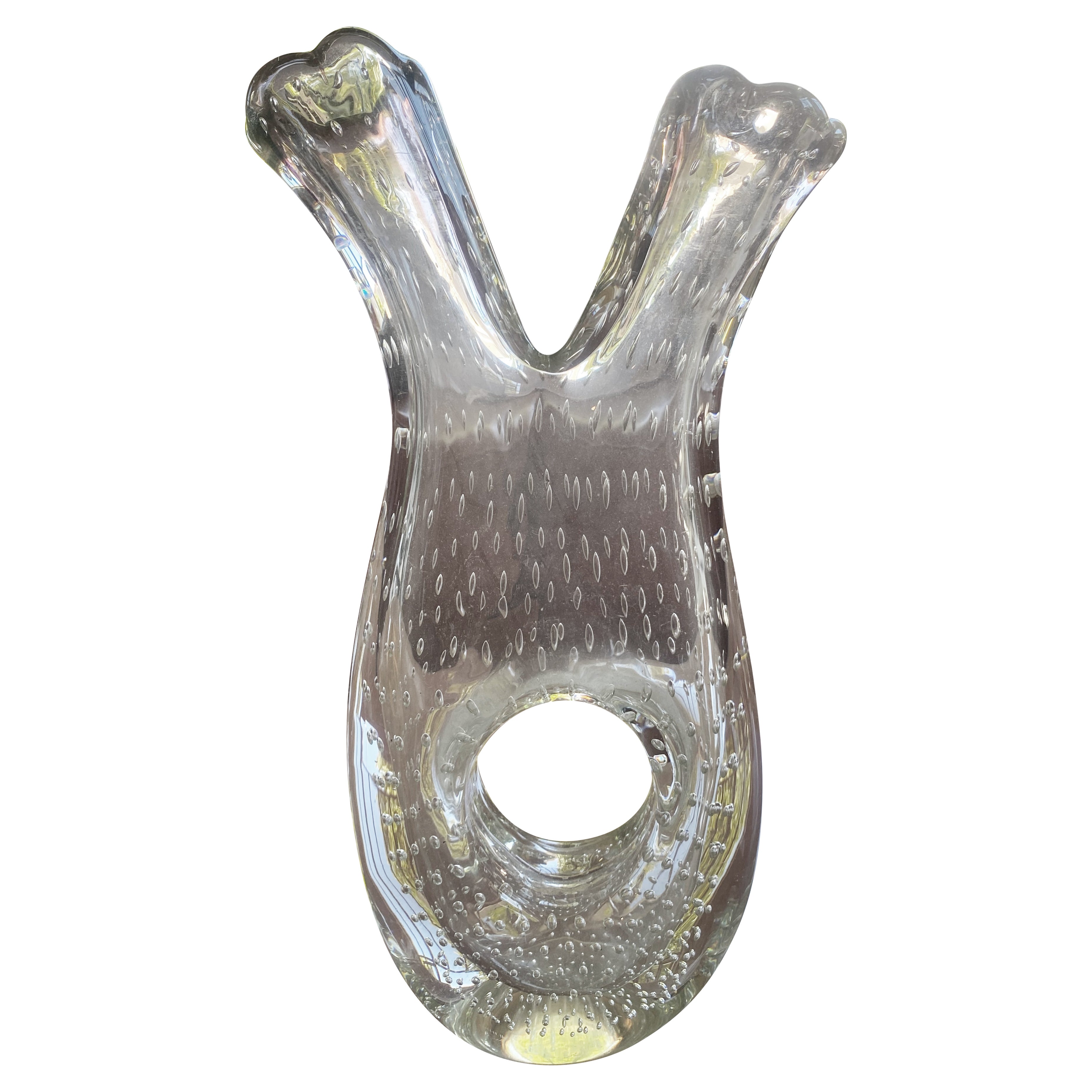 Murano Bubbled glass vase Transparent with purple reflections on both necks 1978 For Sale