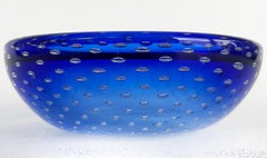Murano Bullicante Blue to Clear Blown Glass Decorative Bowl