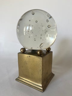 Murano Bullicante Clear Bubble Glass Sphere W/ Brass Plated Pedestal Base