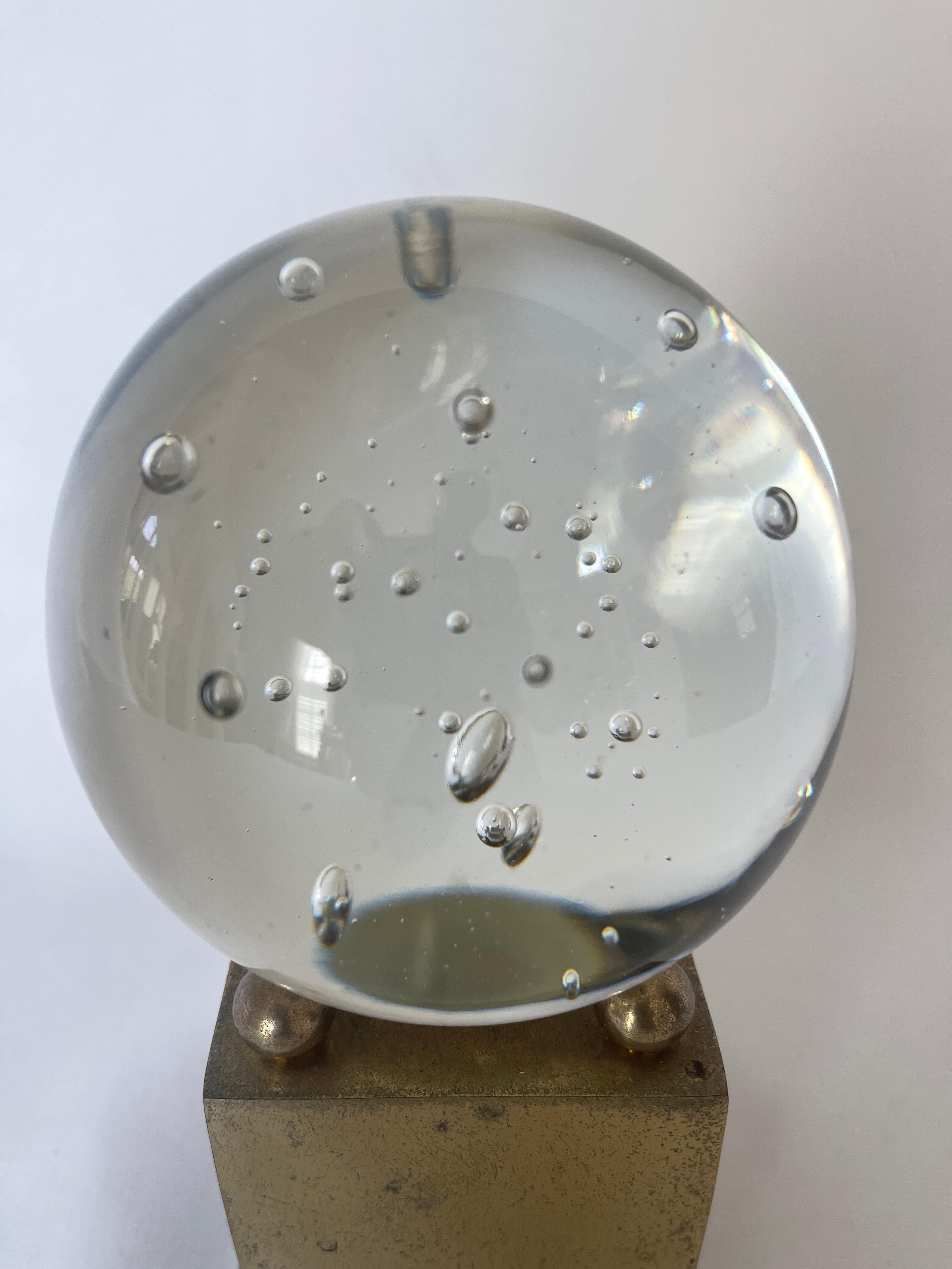 Mid-Century Modern Murano Bullicante Clear Bubble Glass Sphere W/ Brass Plated Pedestal Base For Sale