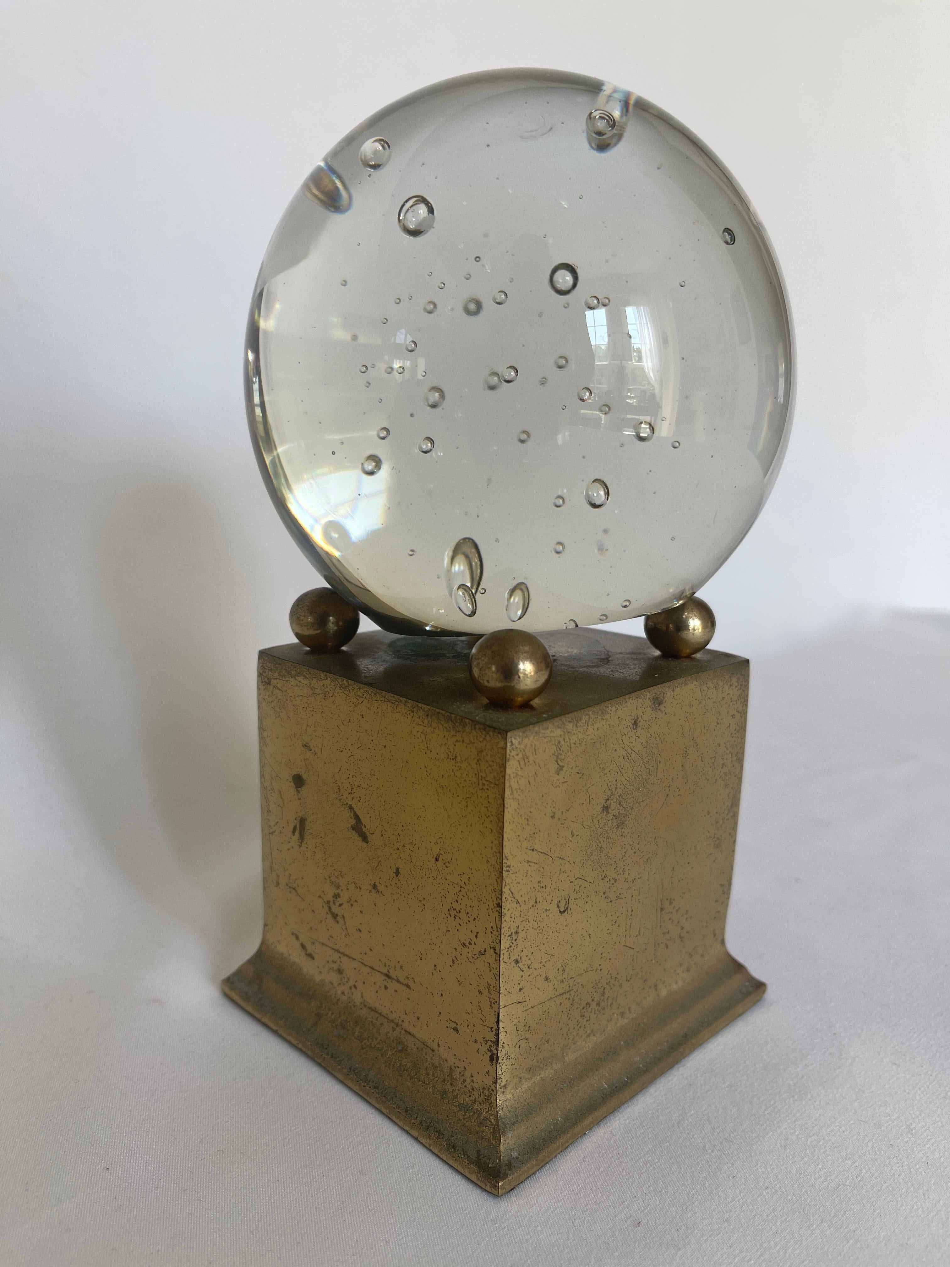 20th Century Murano Bullicante Clear Bubble Glass Sphere W/ Brass Plated Pedestal Base For Sale
