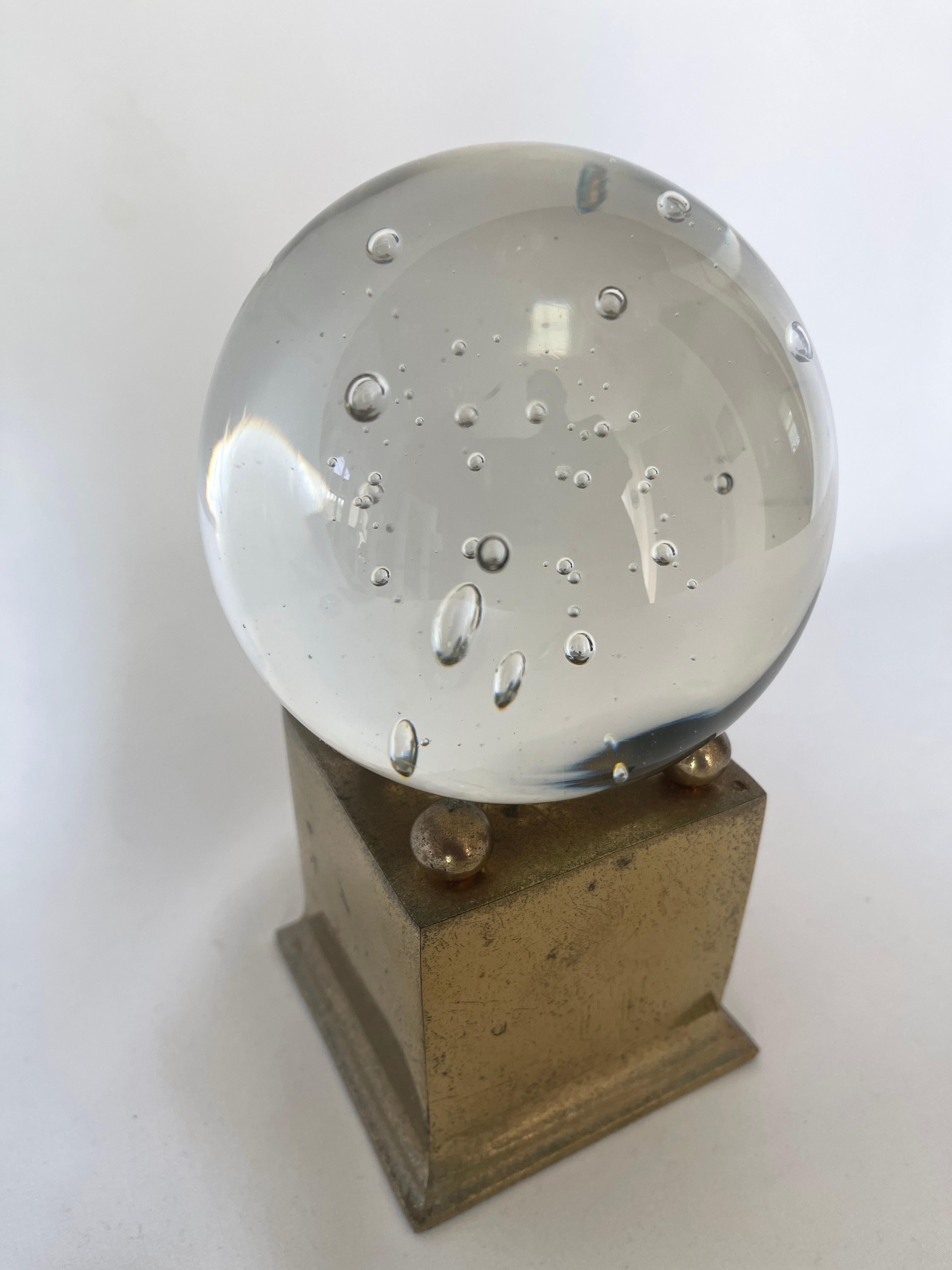 Blown Glass Murano Bullicante Clear Bubble Glass Sphere W/ Brass Plated Pedestal Base For Sale