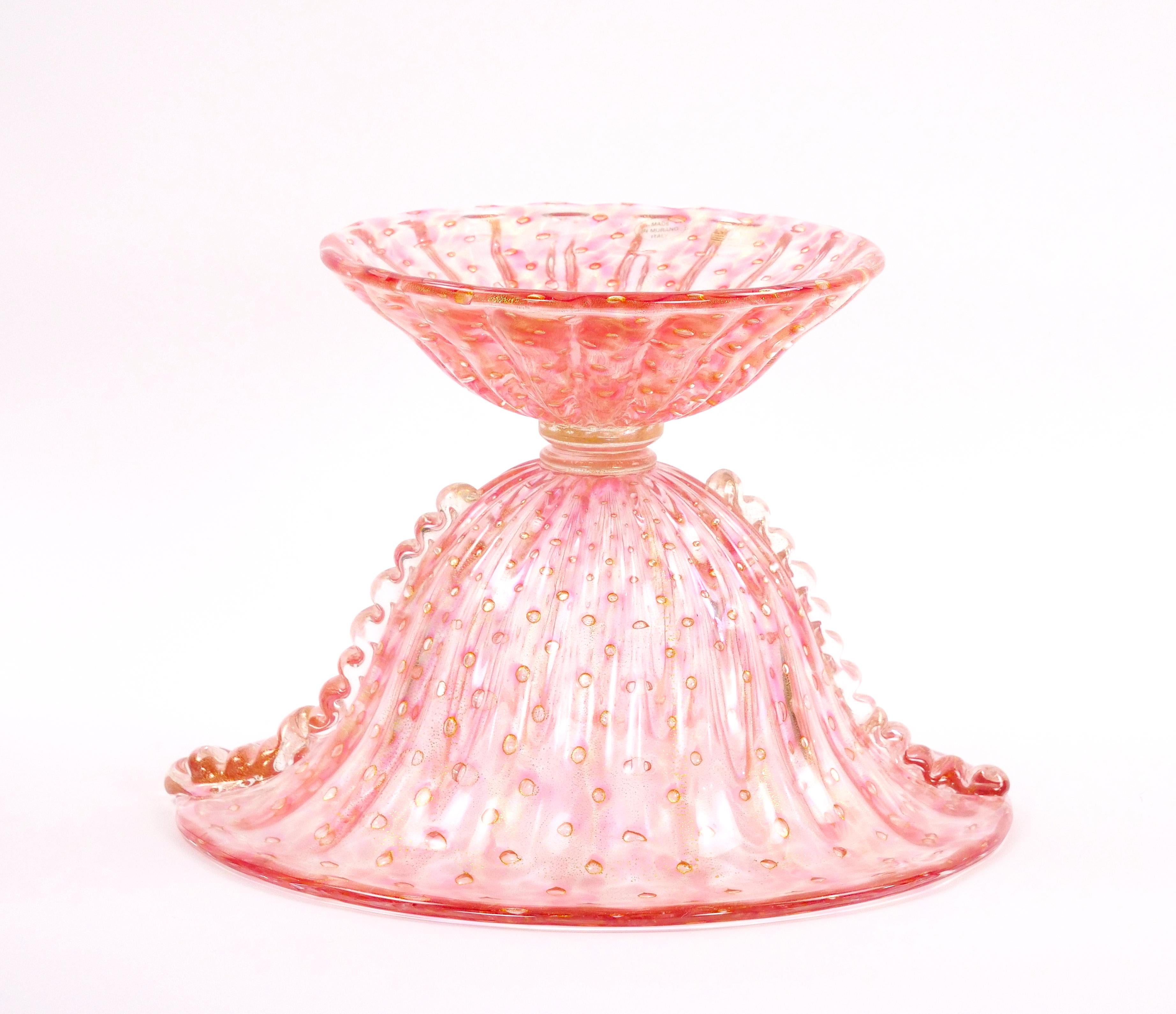Bol de centre de table en verre de Murano Bullicante/Or infusé de couleur rose en vente 4