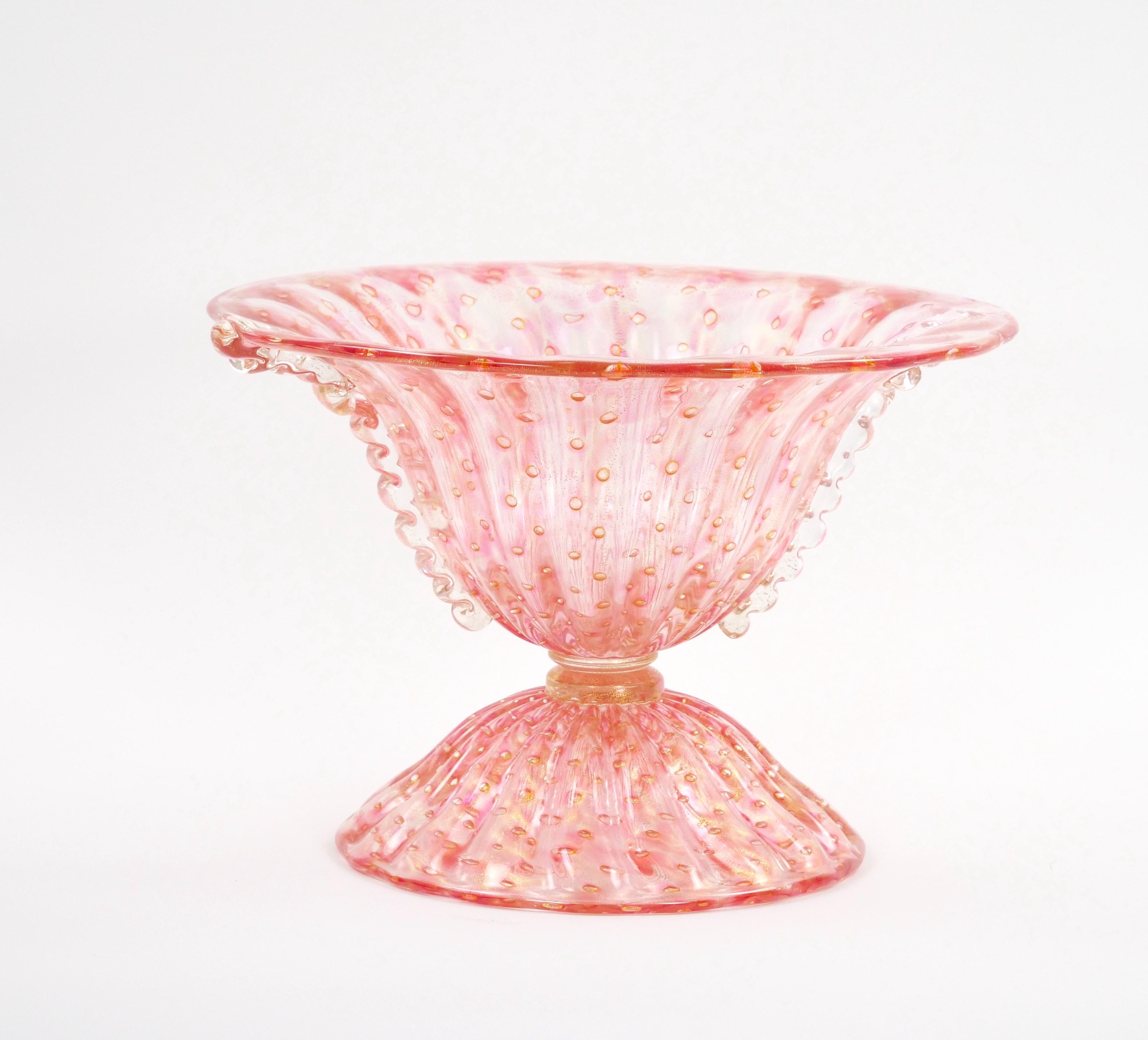 Bol de centre de table en verre de Murano Bullicante/Or infusé de couleur rose en vente 6
