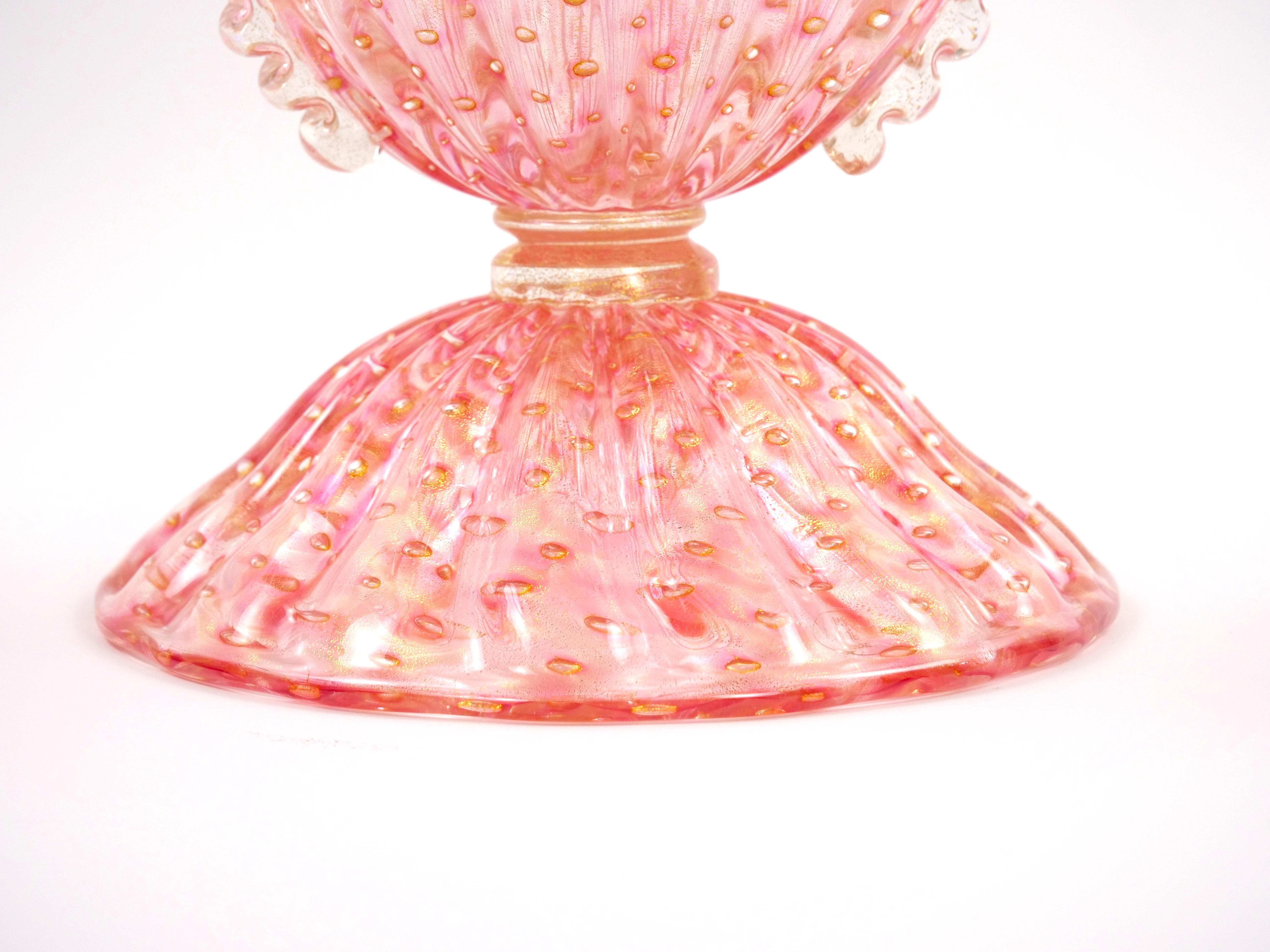 Art Glass Murano Bullicante / Gold Infused Rose Colored Glass Tableware Centerpiece Bowl For Sale