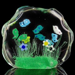 Murano Butterfly Wild Flower Garden Italian Art Glass Block Sculpture with Label