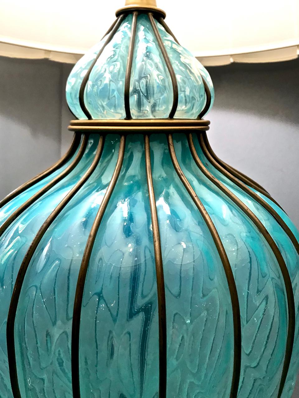 Mid-Century Modern Murano Caged Turquoise Quilted Marbro Lamps, Pair