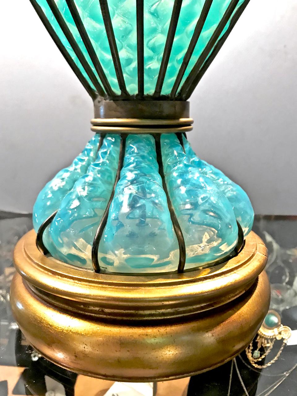 Italian Murano Caged Turquoise Quilted Marbro Lamps, Pair