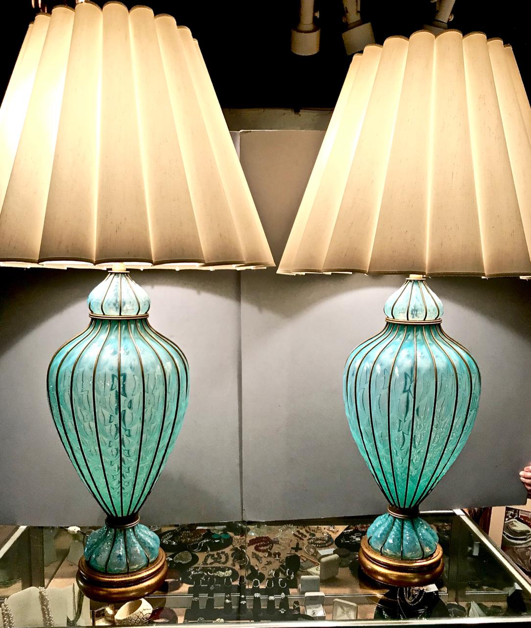 Murano Caged Turquoise Quilted Marbro Lamps, Pair 1