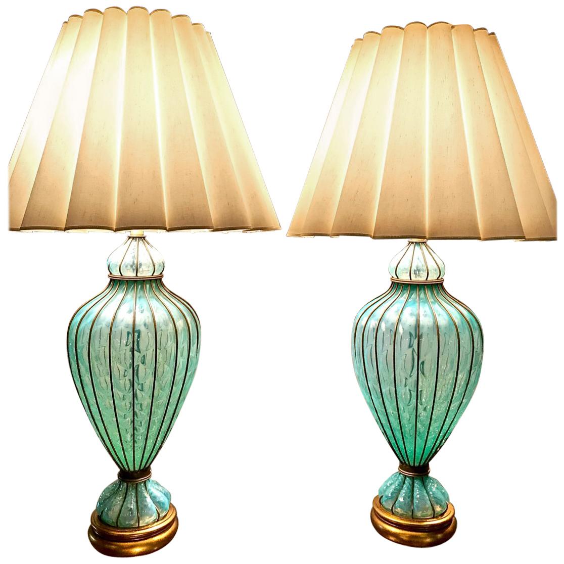 Murano Caged Turquoise Quilted Marbro Lamps, Pair