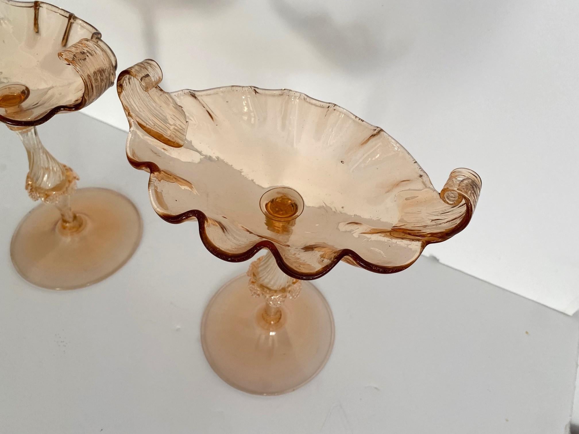 Pair of hand blown Murano art glass candy compote bowls, circa 1940s.