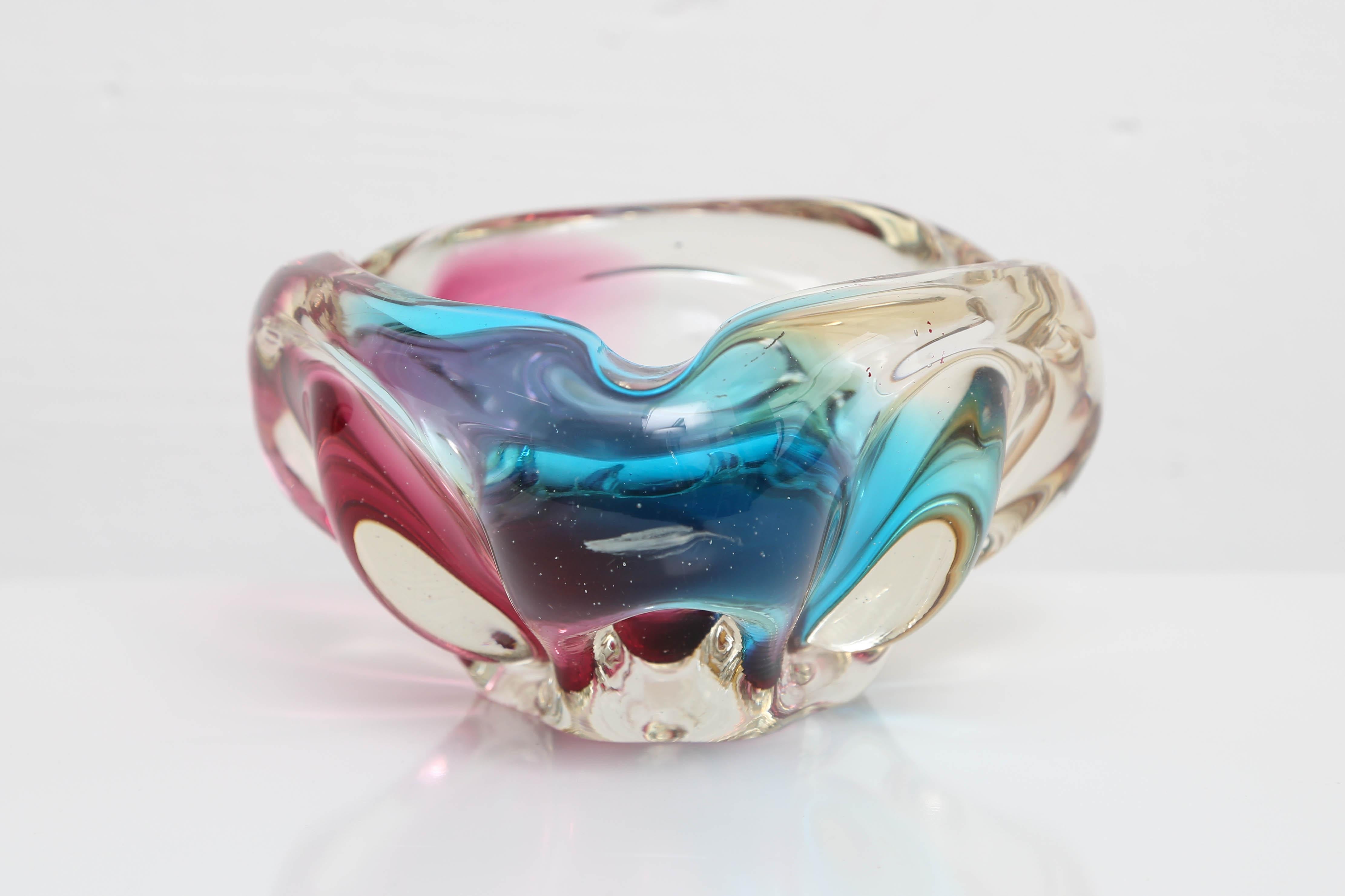 Multi-color Murano candy dish (red, blue, yellow, clear).