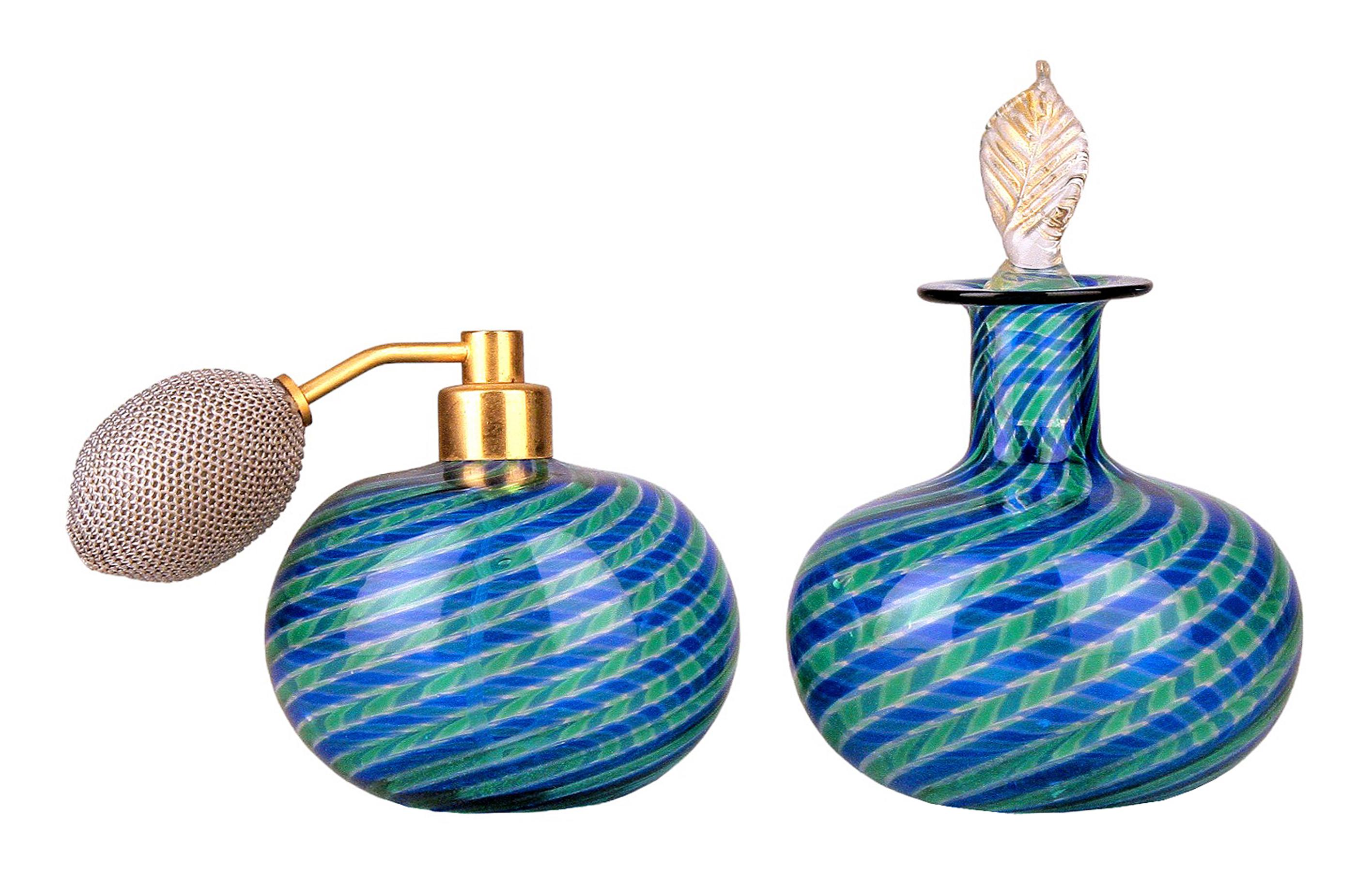 Moderne Ensemble de vapeur, bouteilles de parfum et boîtes à poudre en verre de Murano « Canne » de La Fenice en vente
