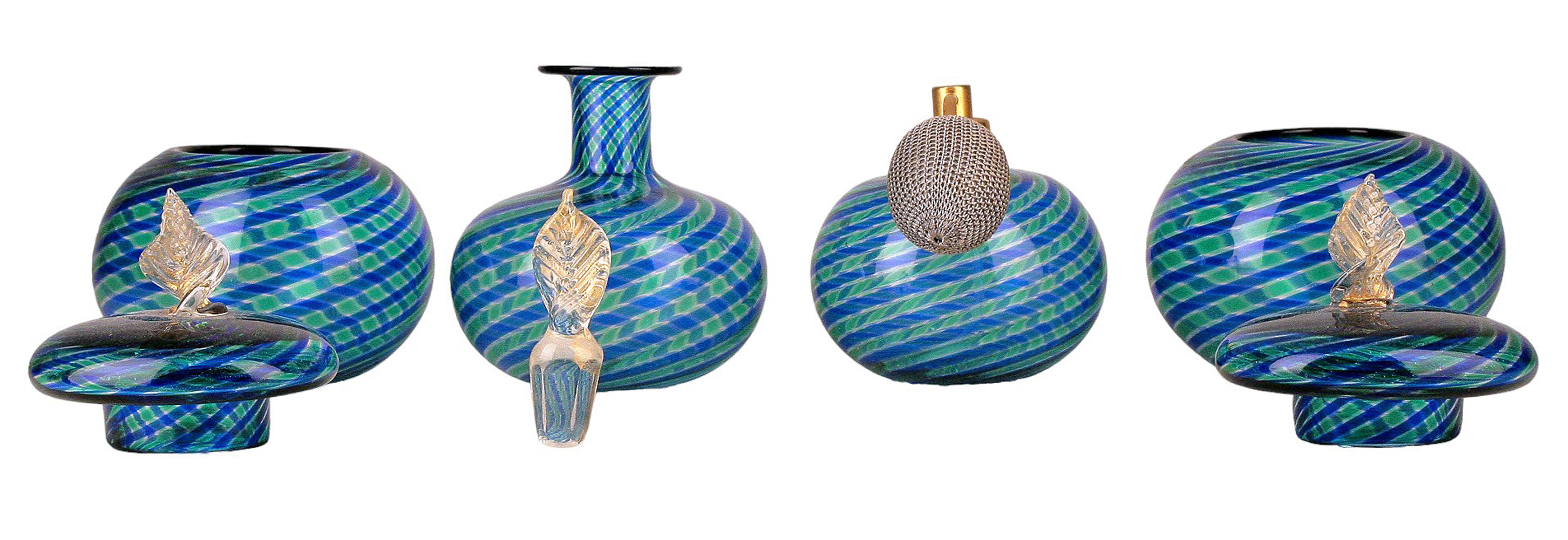Cast Murano 'Canne' Glass Vaporizer, Perfume Bottle and Powder Boxes Set by La Fenice For Sale