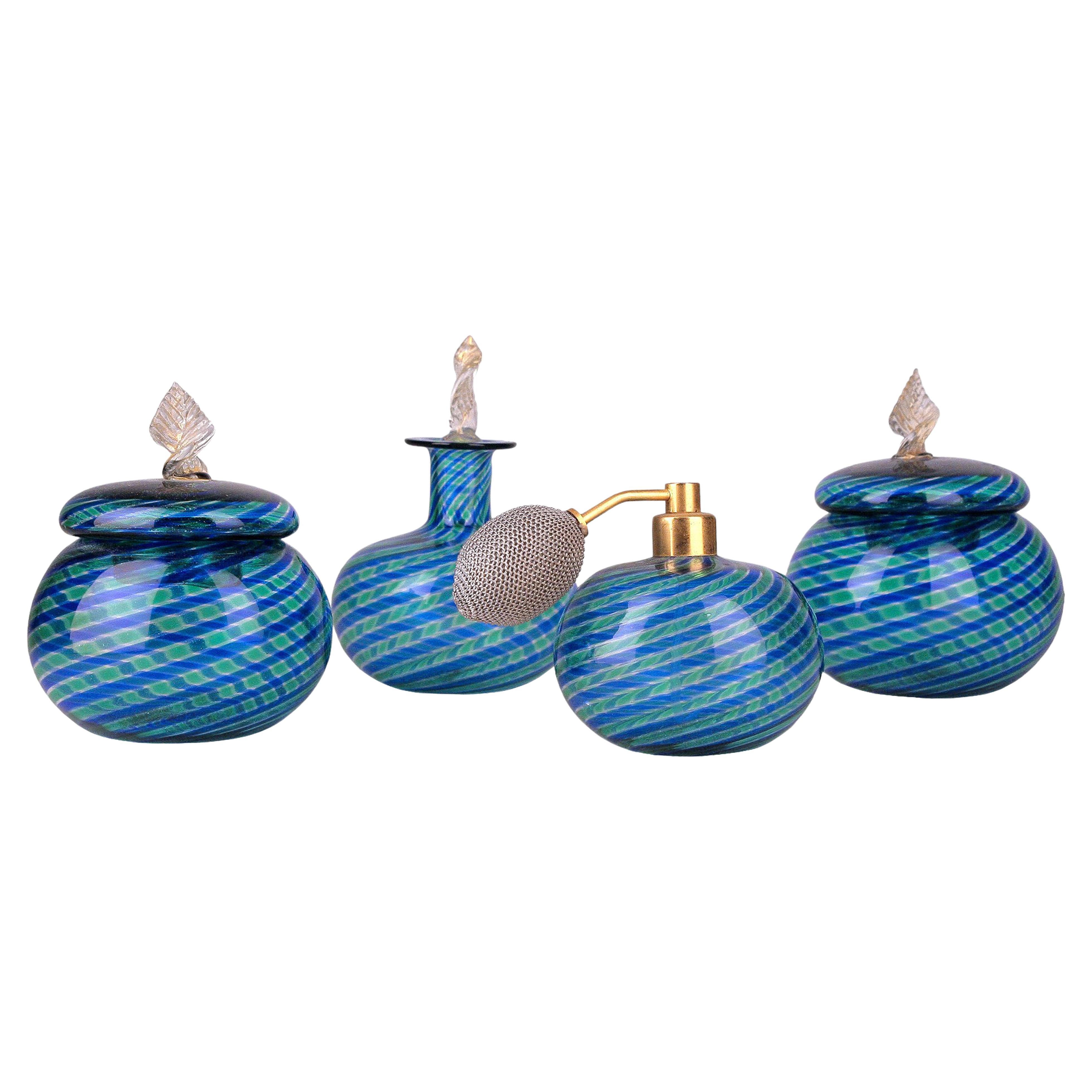 Murano 'Canne' Glass Vaporizer, Perfume Bottle and Powder Boxes Set by La Fenice For Sale