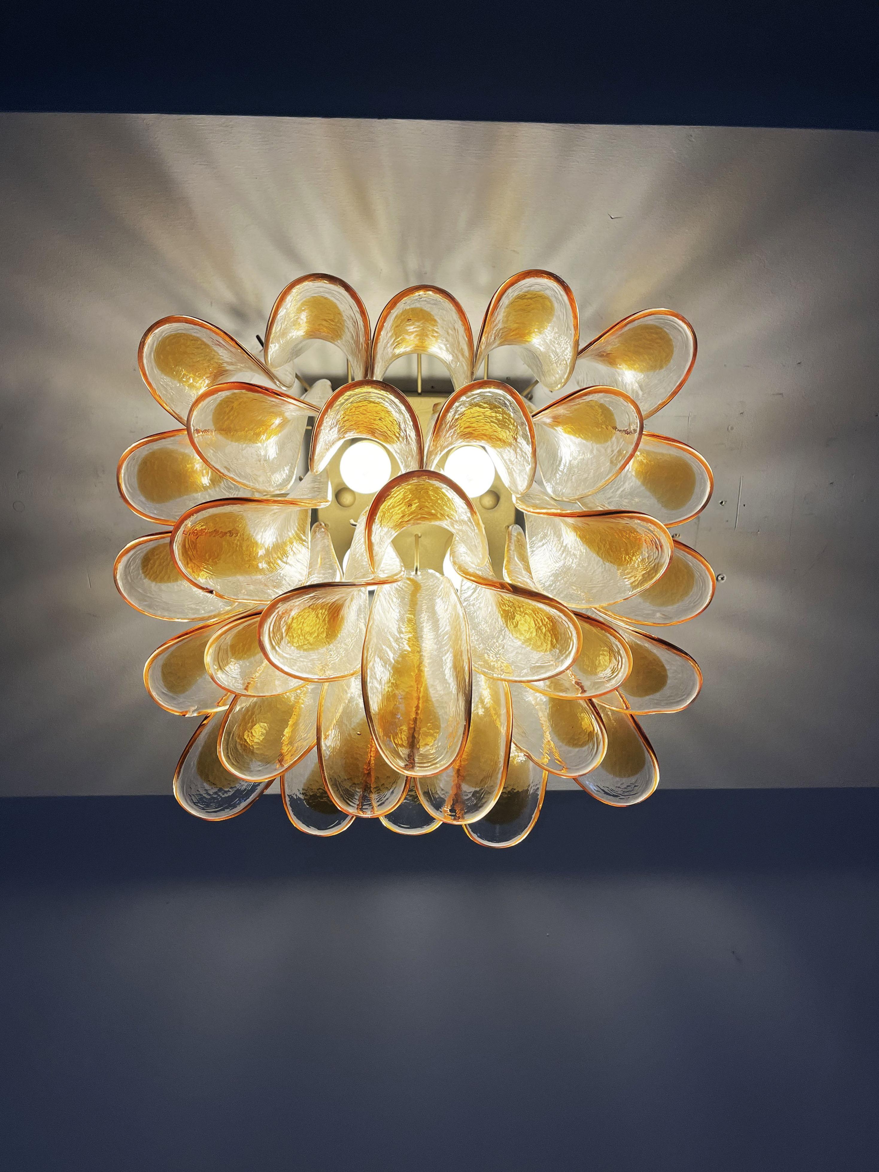 Murano Ceiling Lamp, 32 Amber and Clear Glass Petals For Sale 2