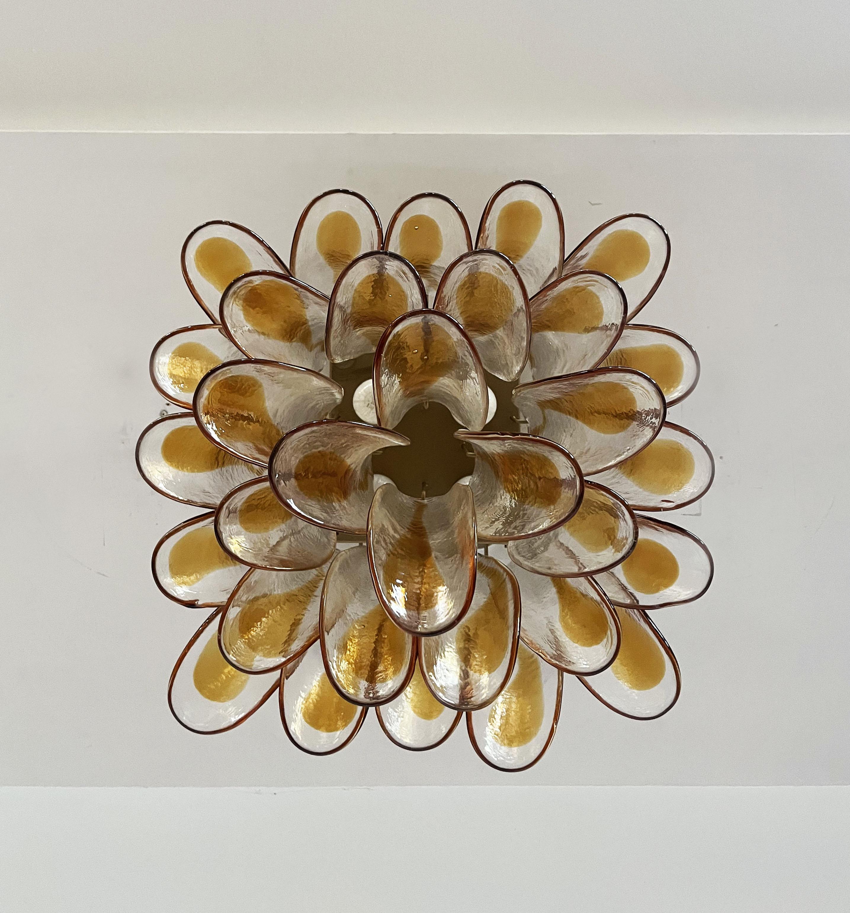 Mid-Century Modern Murano Ceiling Lamp, 32 Amber and Clear Glass Petals For Sale