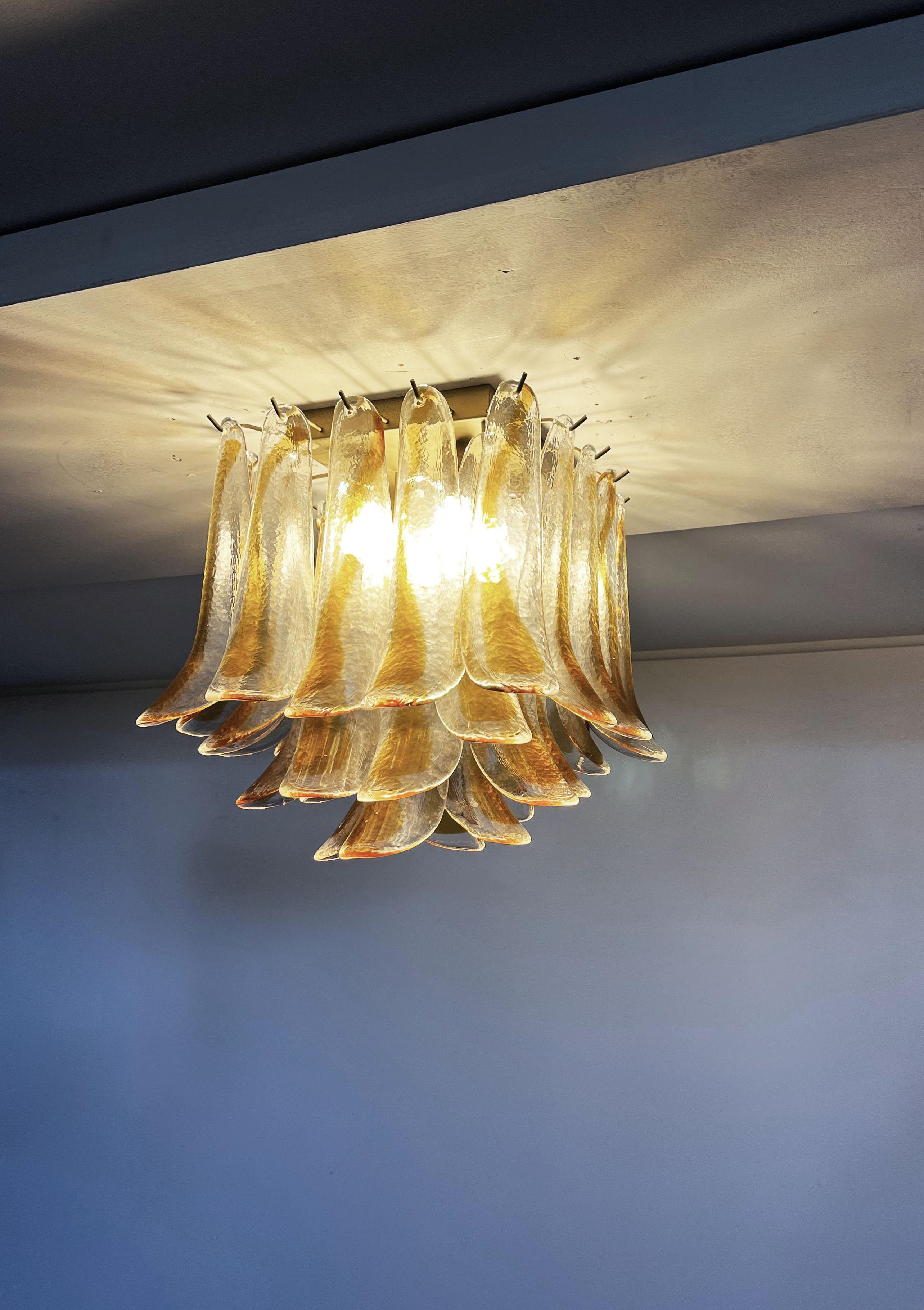 Italian Murano Ceiling Lamp, 32 Amber and Clear Glass Petals For Sale