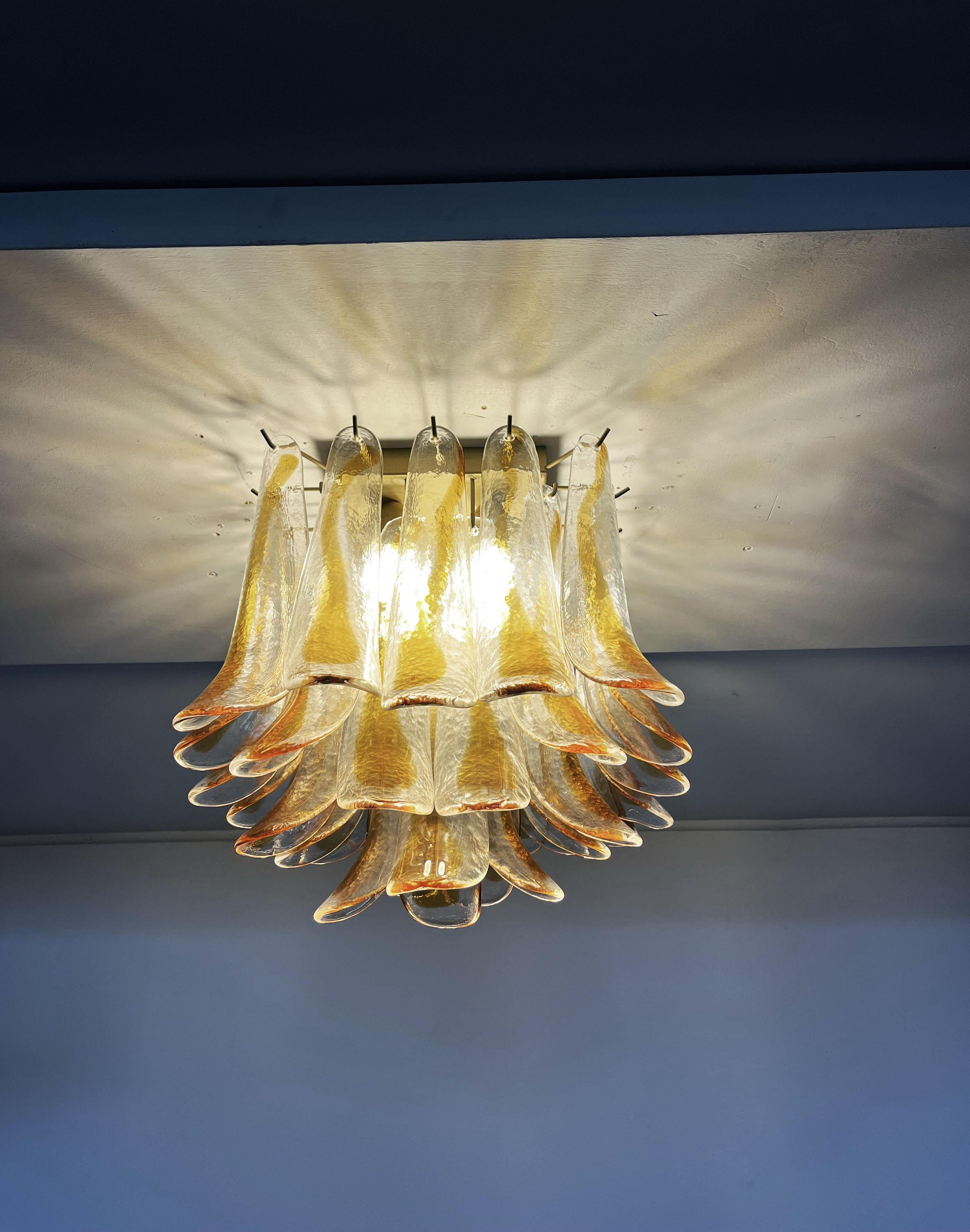 Galvanized Murano Ceiling Lamp, 32 Amber and Clear Glass Petals For Sale