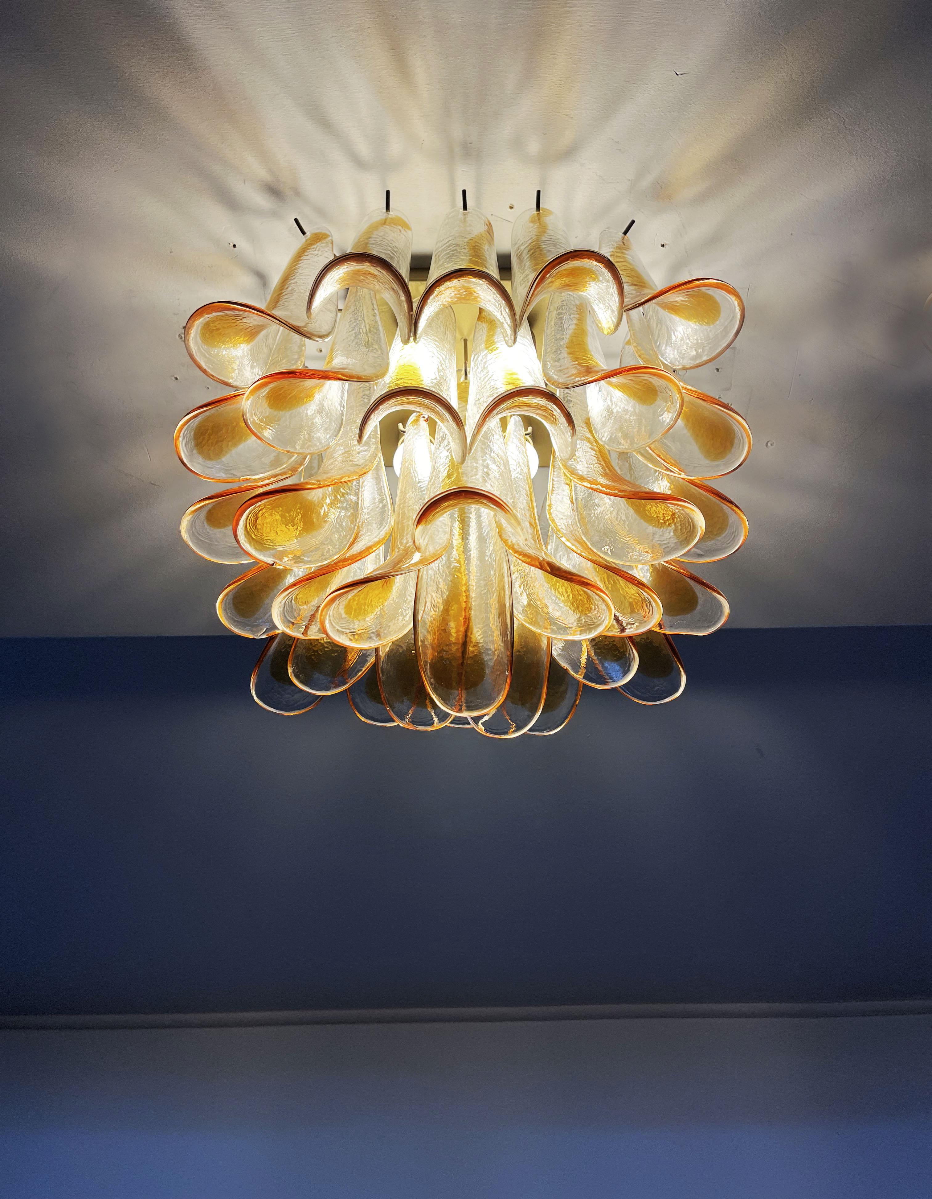 Murano Ceiling Lamp, 32 Amber and Clear Glass Petals For Sale 1
