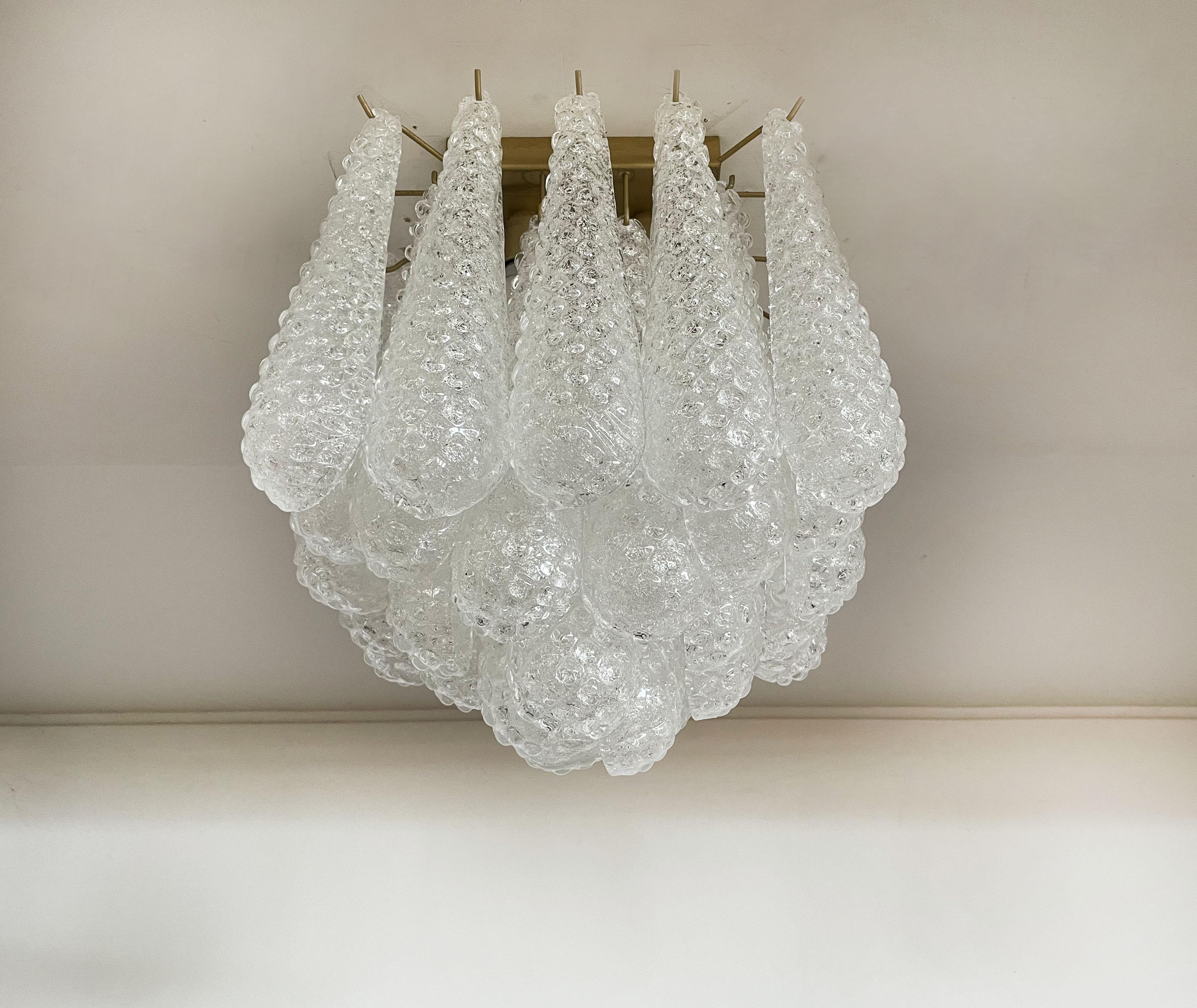 Galvanized Murano Ceiling Lamp, 32 Clear Glass Petal Drops For Sale