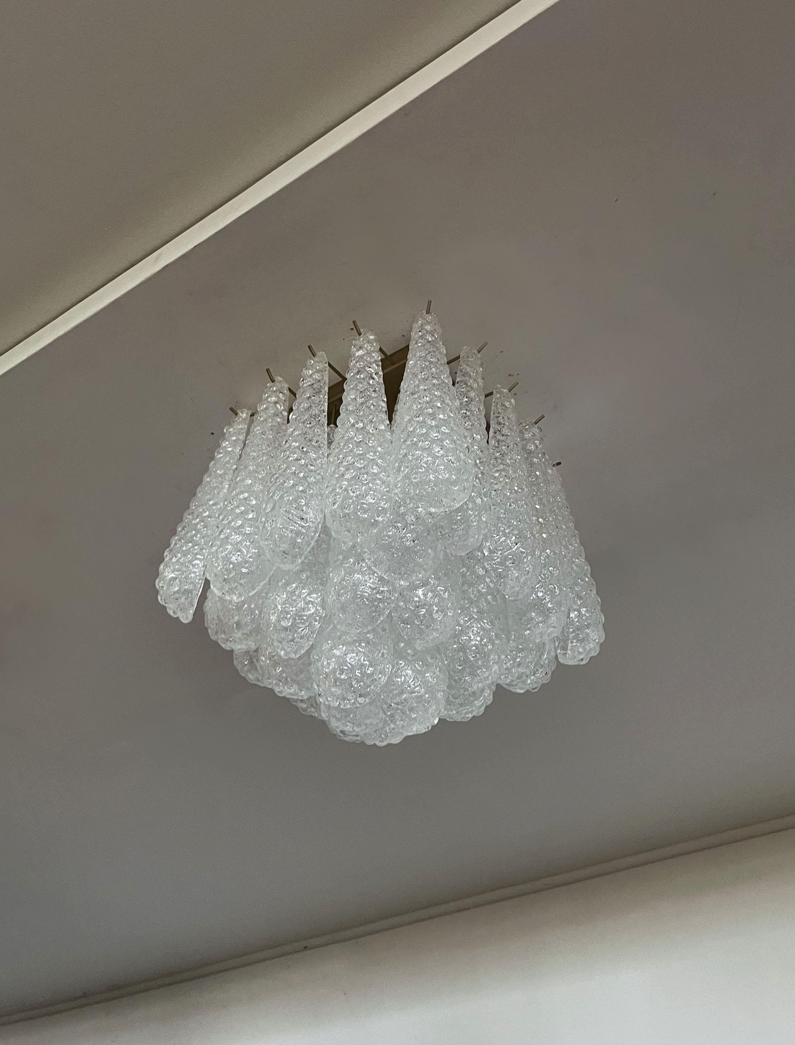 Blown Glass Murano Ceiling Lamp, 32 Clear Glass Petal Drops For Sale