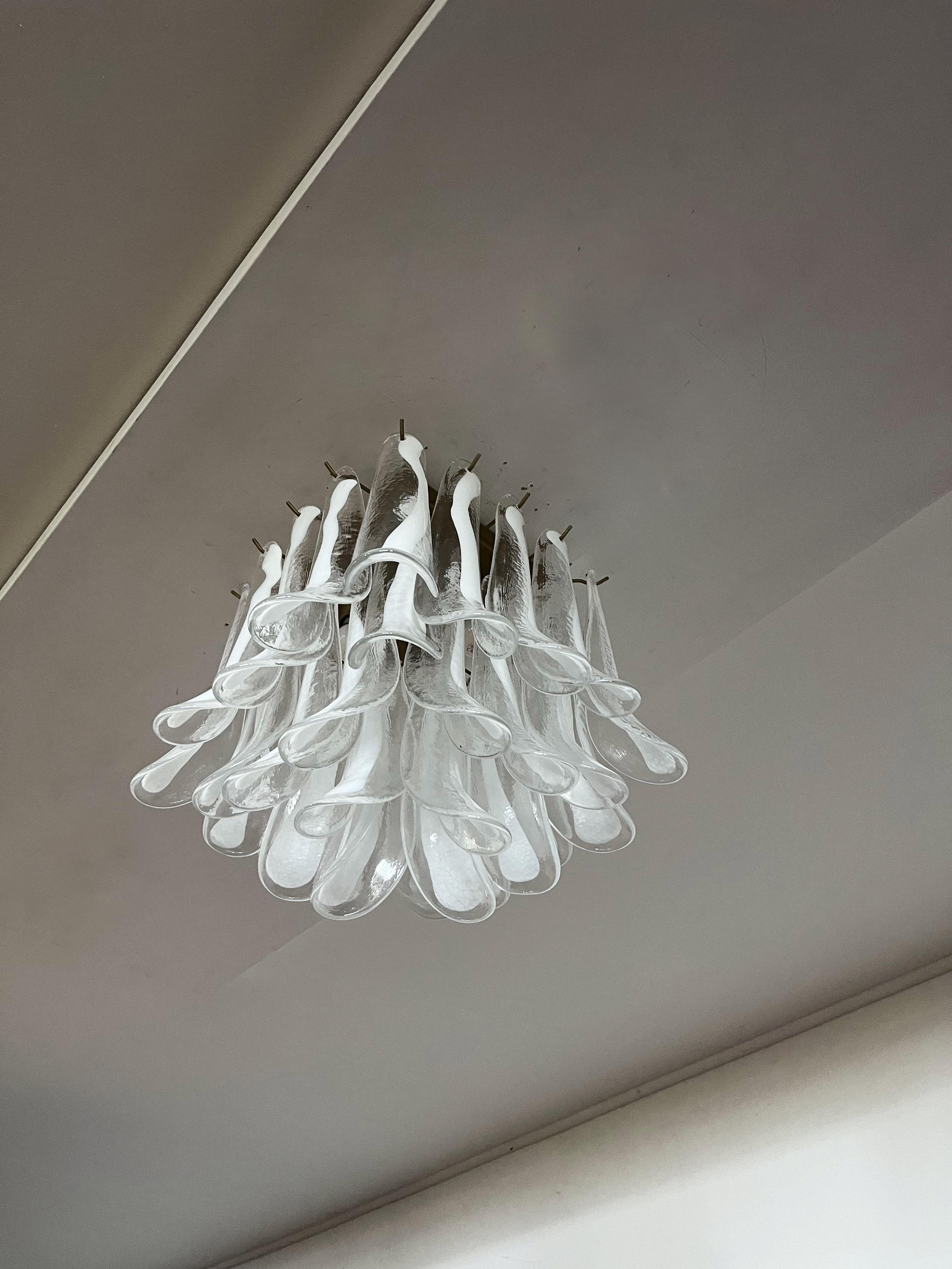 Murano Ceiling Lamp, 32 Lattimo and Clear Glass Petals For Sale 2