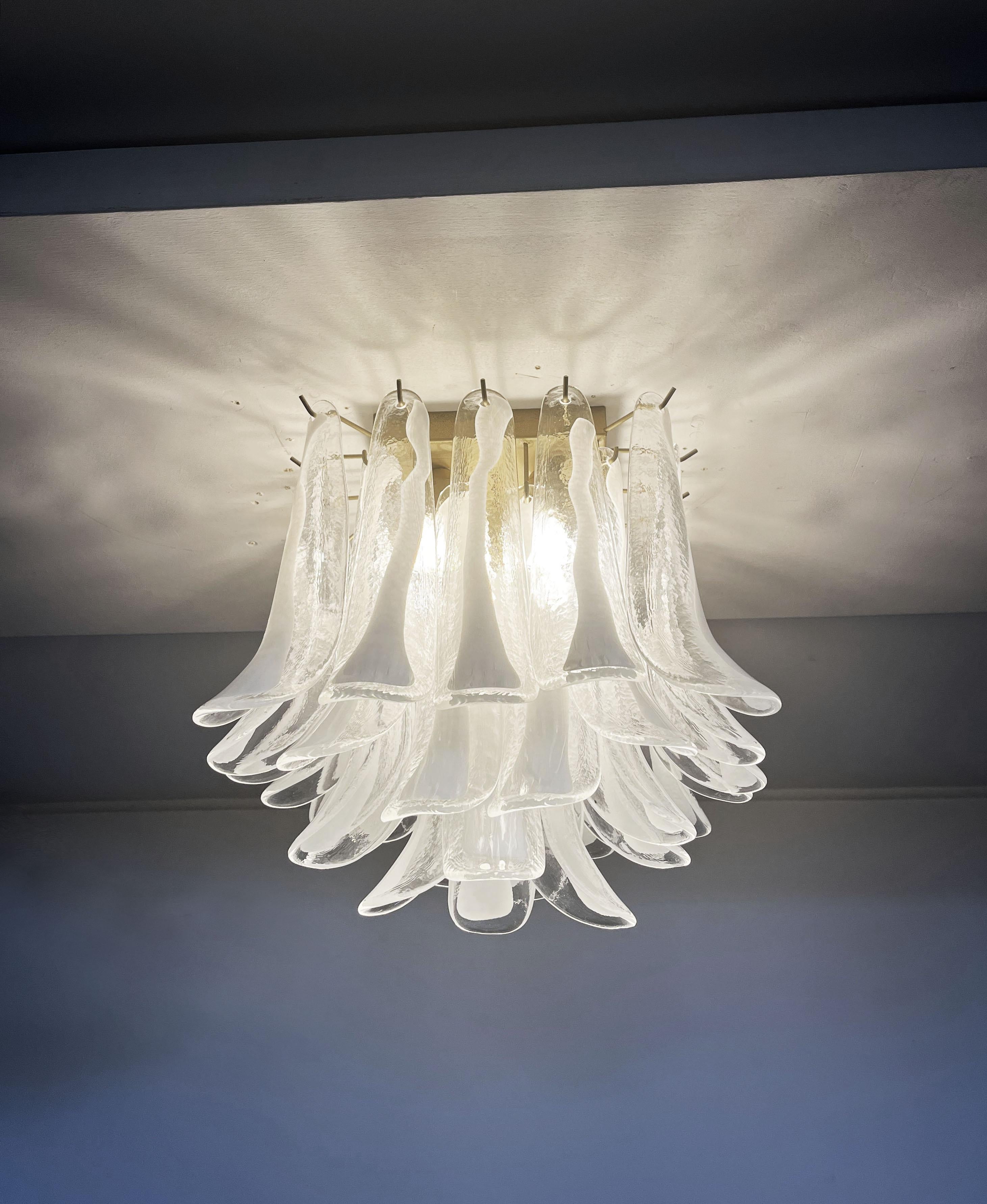 Mid-Century Modern Murano Ceiling Lamp, 32 Lattimo and Clear Glass Petals For Sale