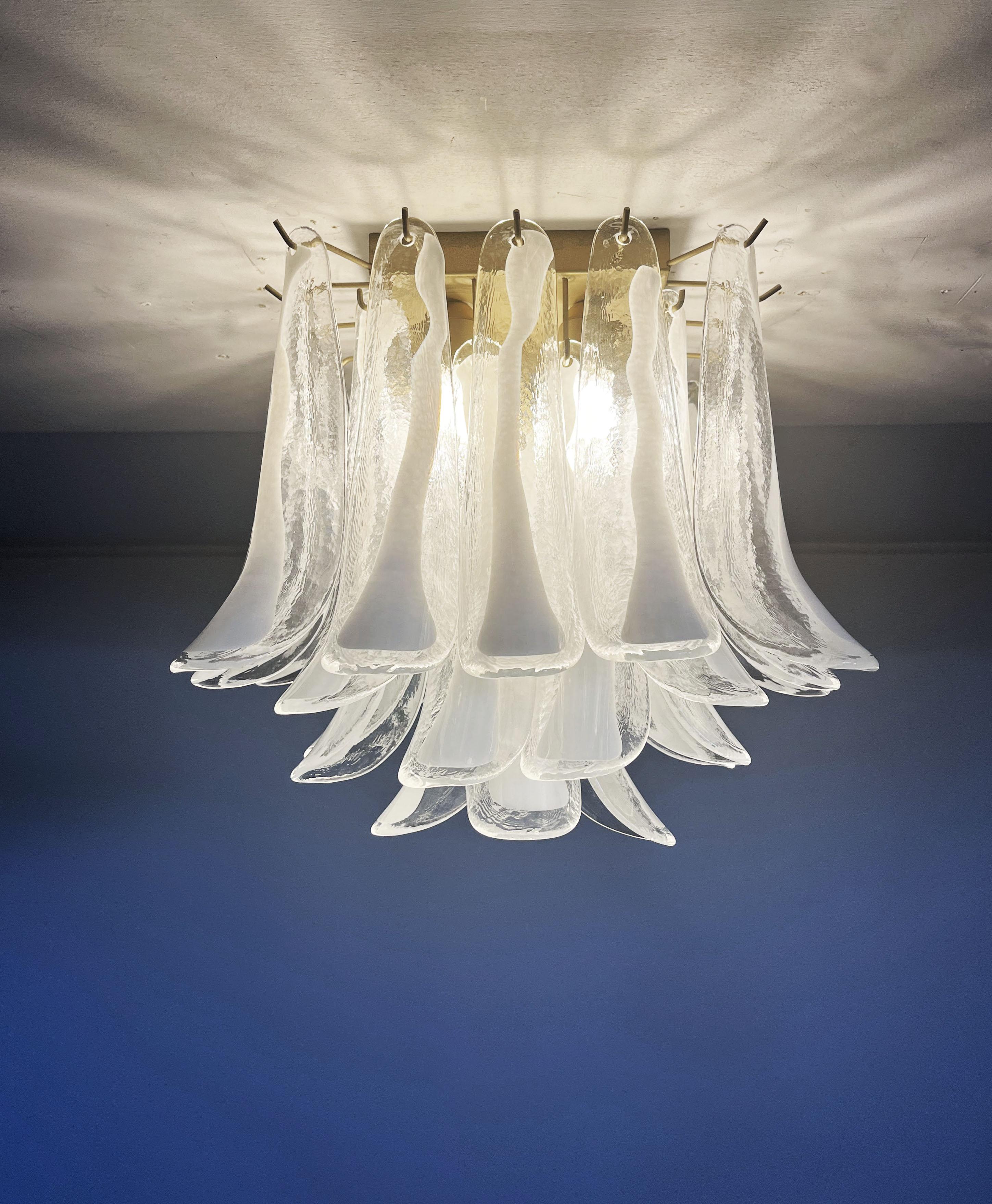 Italian Murano Ceiling Lamp, 32 Lattimo and Clear Glass Petals For Sale